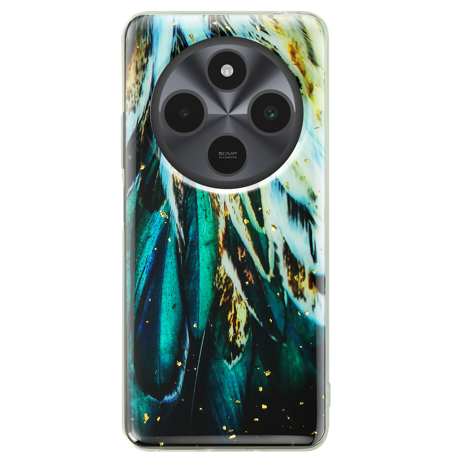 Custodia per telefono con design di piume colorate. Tre fotocamere visibili, dettagli dorati.