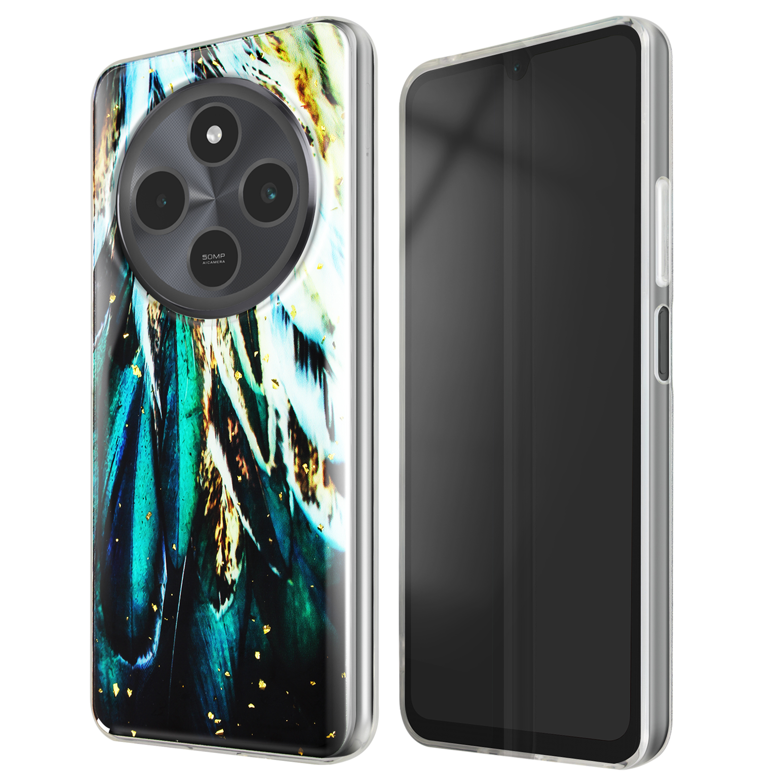 Due custodie per cellulari. Una mostra un design colorato con una fotocamera e l'altra un proteggi schermo.