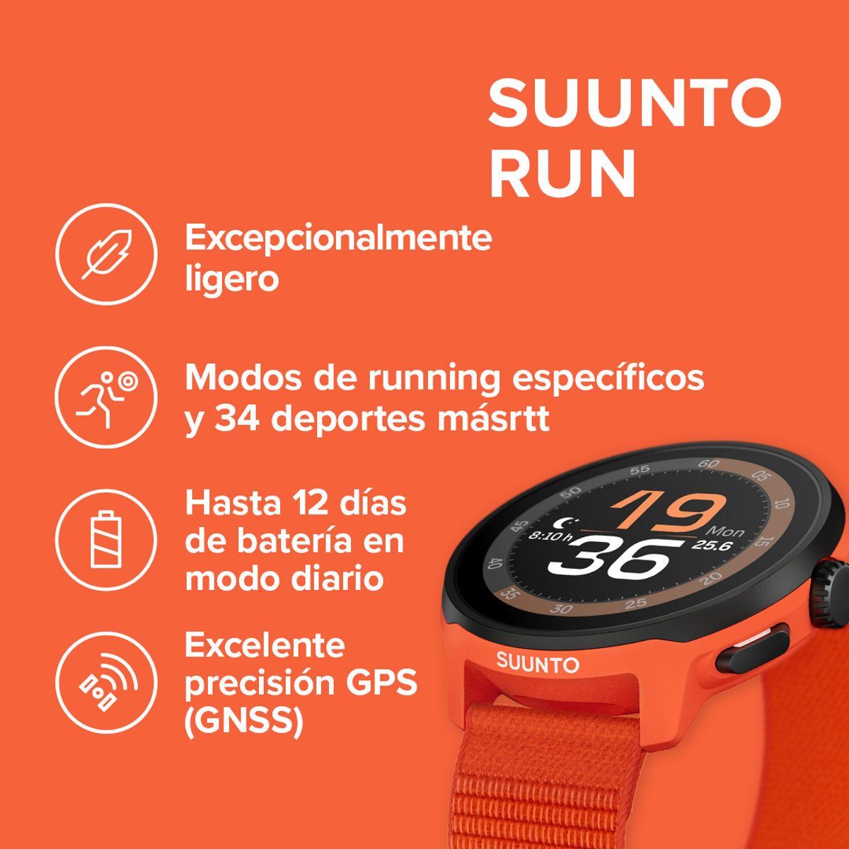 Zegarek Suunto Run z pomarańczowym paskiem, otoczony ikonami i tekstem o funkcjach. Białe tło.