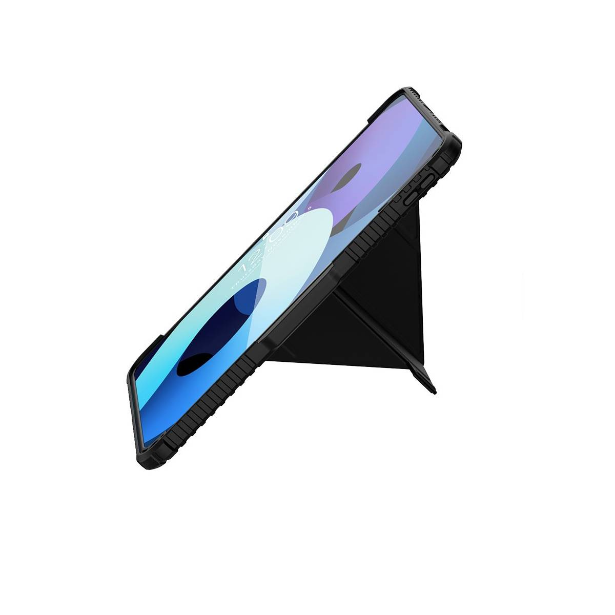 Custodia iPad nera con supporto, che mostra lo schermo.
