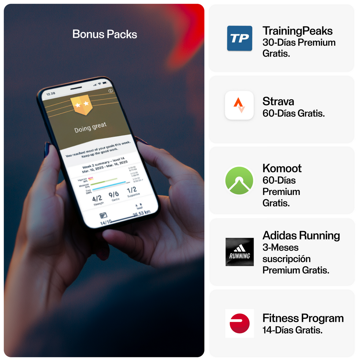 Ekran telefonu pokazujący oferty integracji aplikacji. Tytuł Pakiety bonusowe i wiele logo aplikacji ze szczegółami bezpłatnych wersji próbnych.