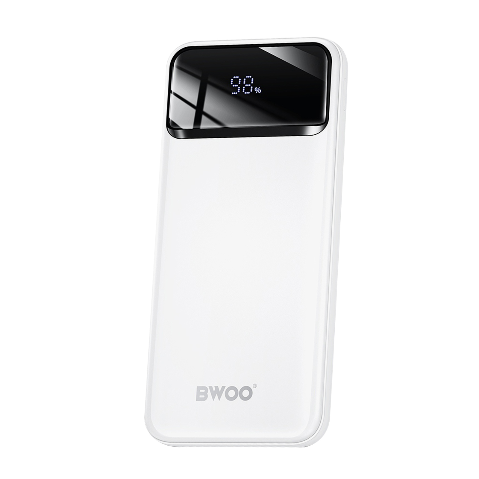 Weiße Powerbank mit Anzeige, die 98% zeigt.