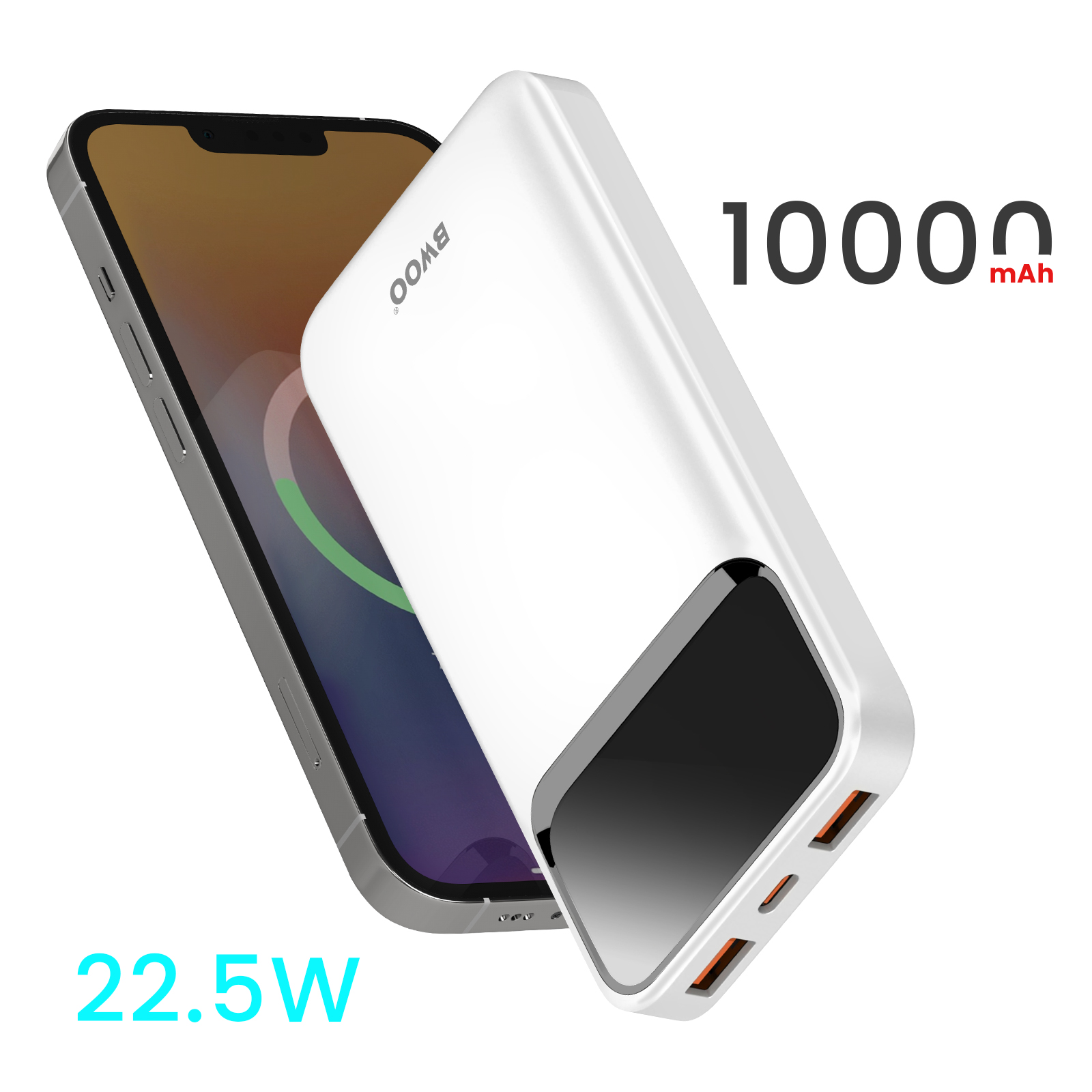 Weiße Powerbank mit Telefon, zeigt einen Ladeprozentsatz.