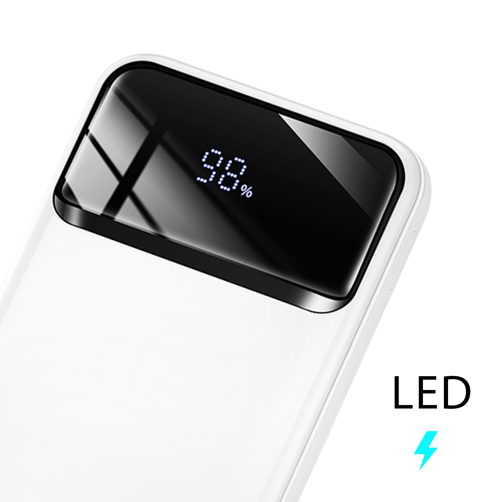 Eine weiße Powerbank mit einem Bildschirm, der 98% anzeigt. Ein LED-Logo und ein weißer Hintergrund.