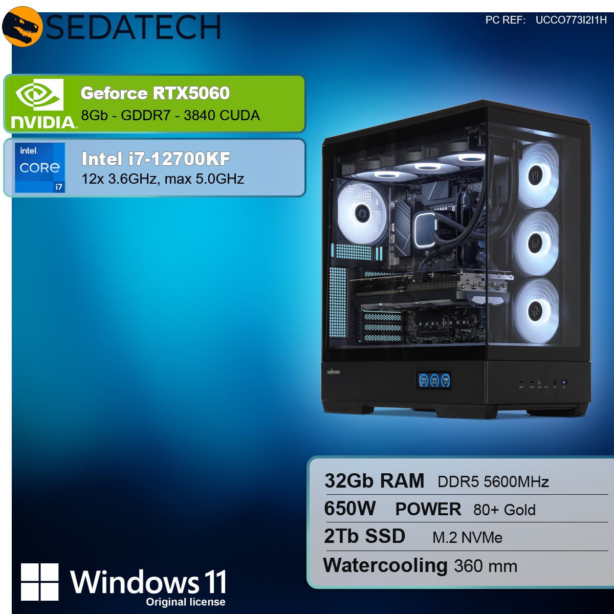 Un PC da gaming con componenti. Sovrapposizione di testo: GeForce RTX5060, Intel i7-12700KF, 32GB RAM, 2TB SSD, Windows 11.