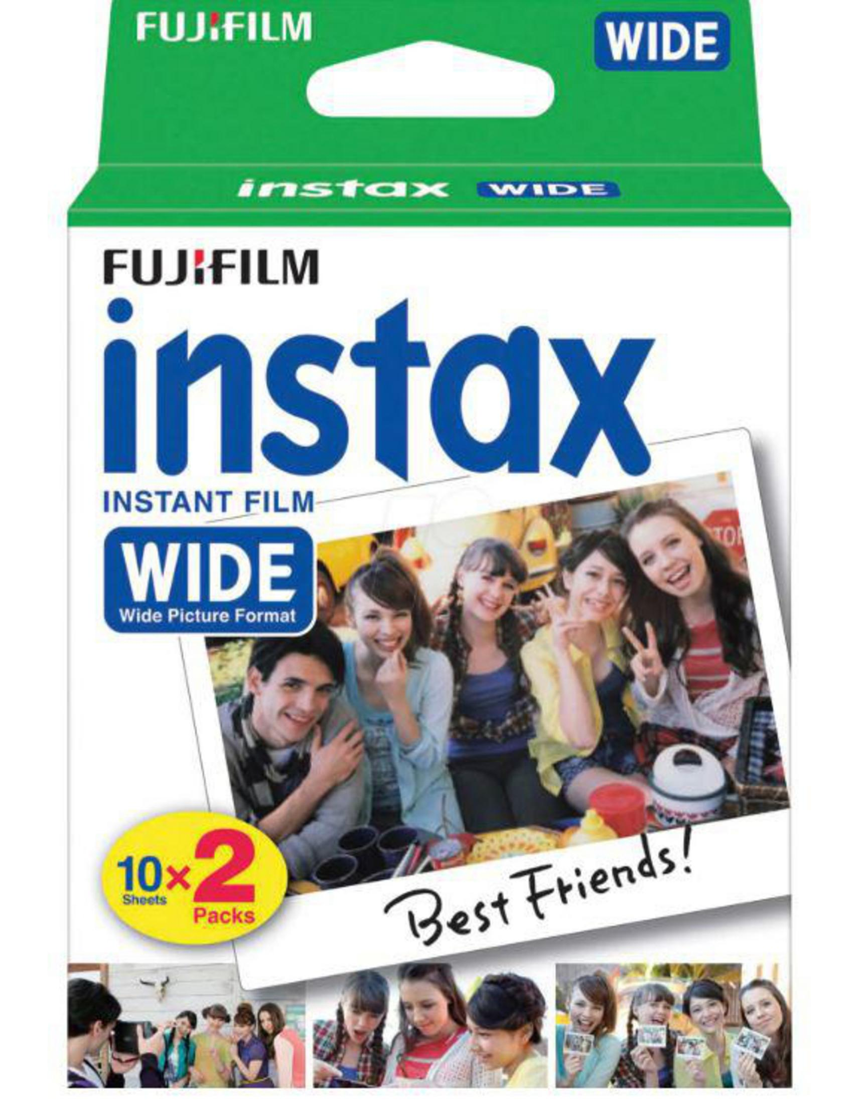 Schachtel mit Fujifilm instax wide Sofortfilm, mit einem Bild von Personen.