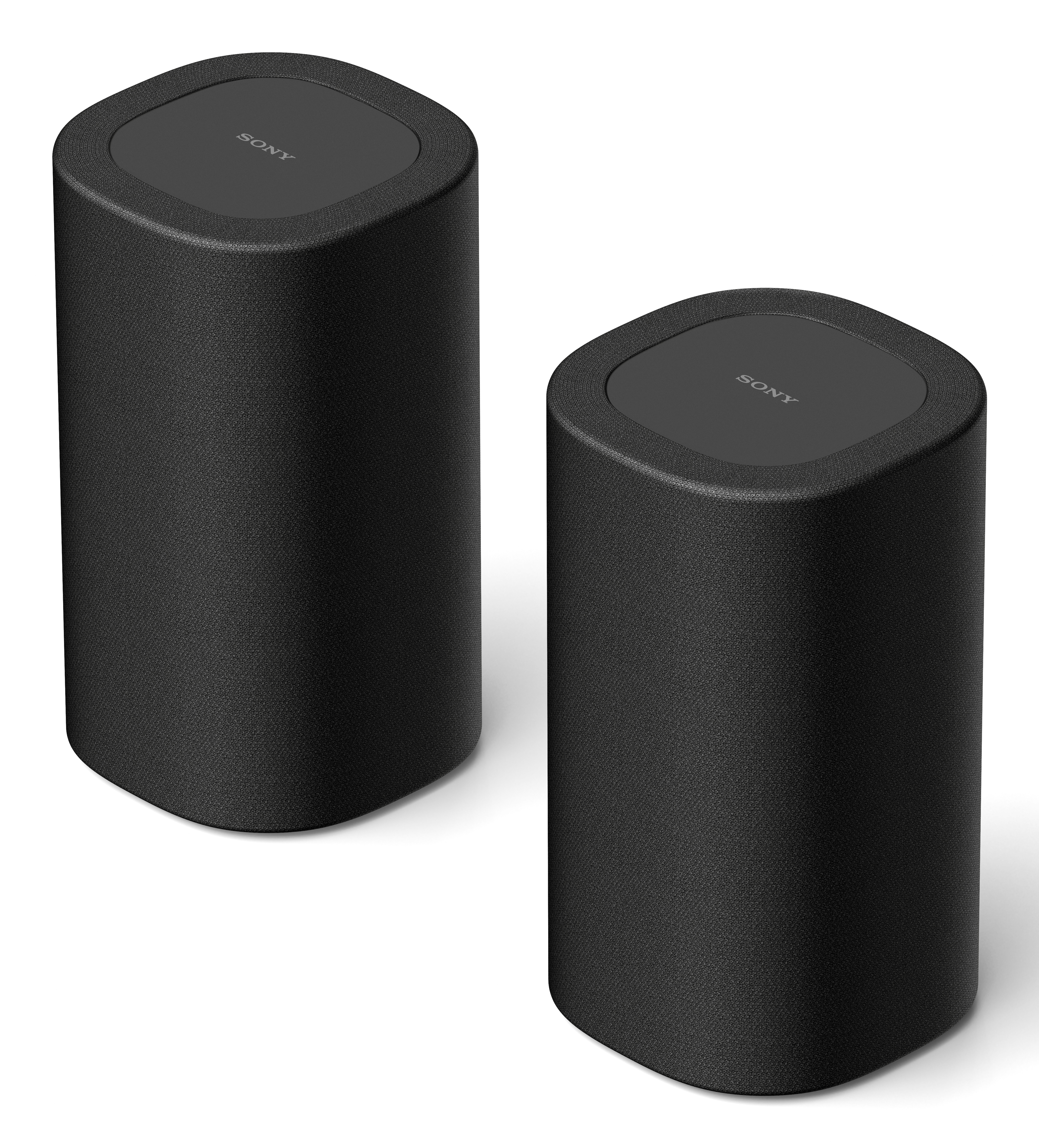 Zwei schwarze, zylindrische Lautsprecher mit Sony-Logo oben. Stoffstruktur. Weißer Hintergrund.