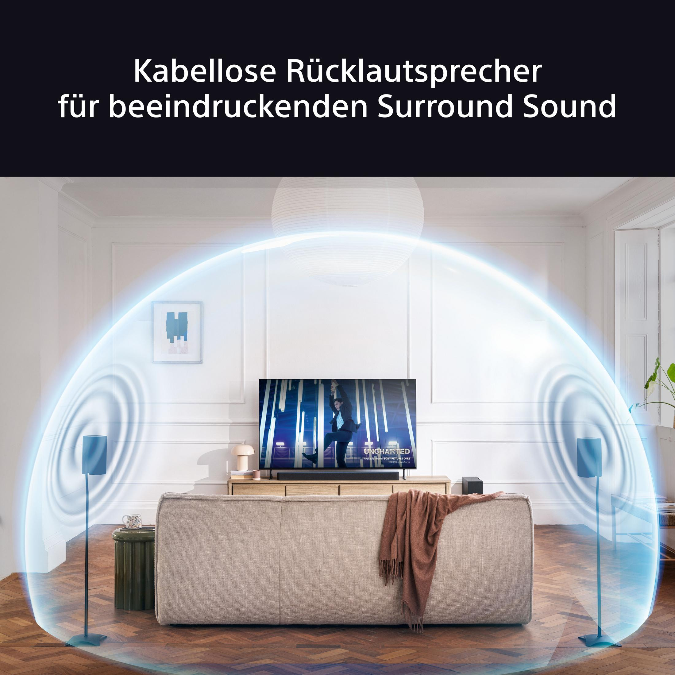 Wohnzimmer mit TV, Soundbar und zwei Lautsprechern. Blauer Schallwelleneffekt. Modernes Design.