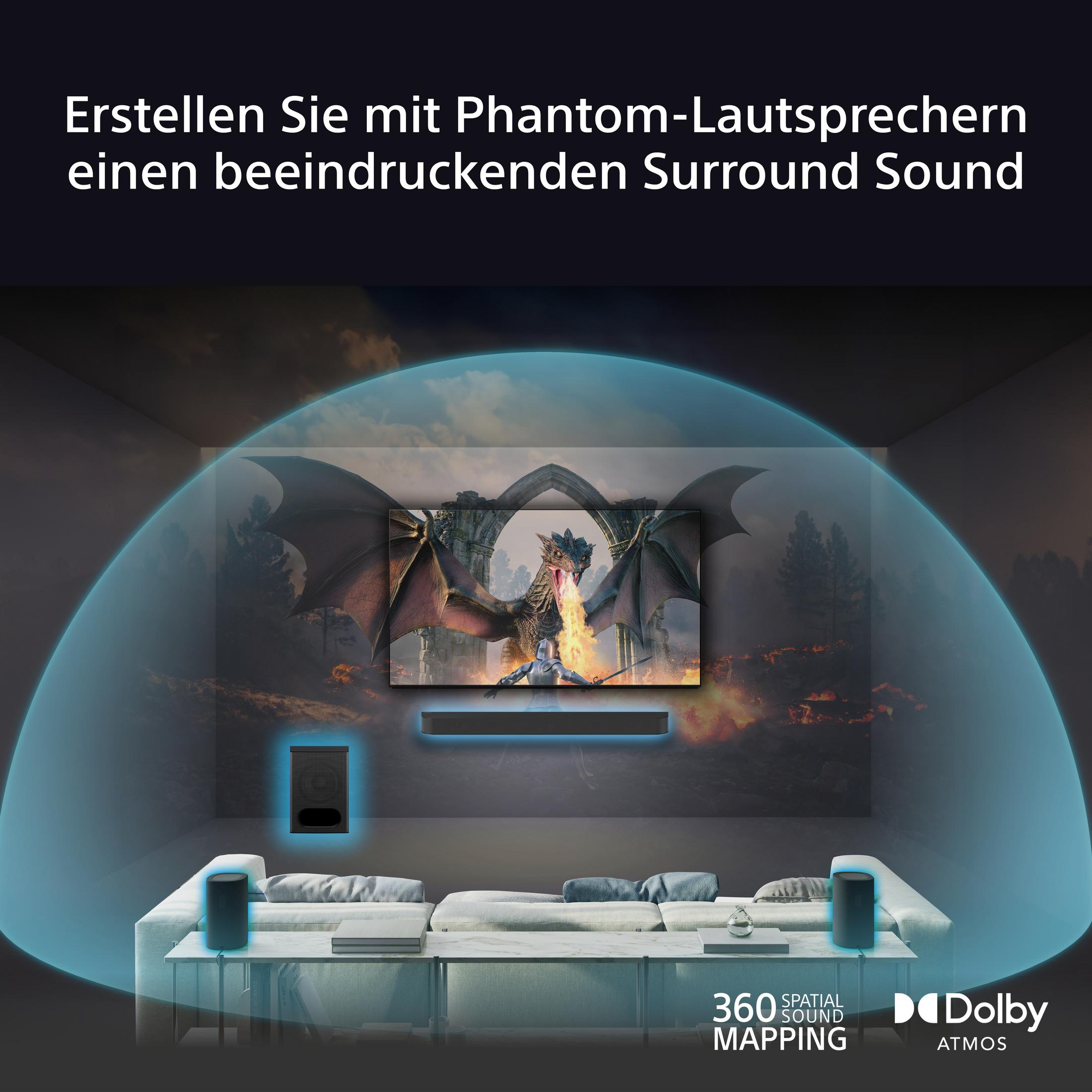 Wohnzimmer mit TV, Soundbar und zwei Lautsprechern. Blauer Schallwelleneffekt. Drache auf dem Bildschirm.