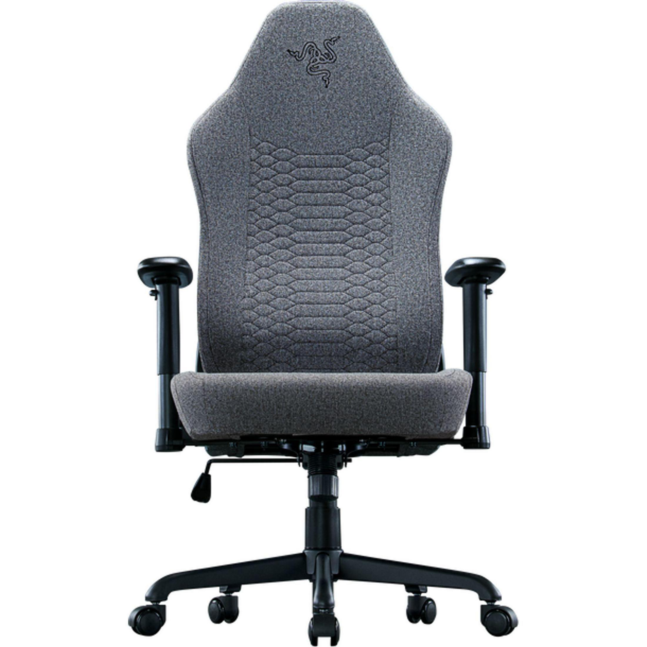 Gri Razer oyun koltuğu. Başlık, kolçaklar ve desenli sırtlık içerir.