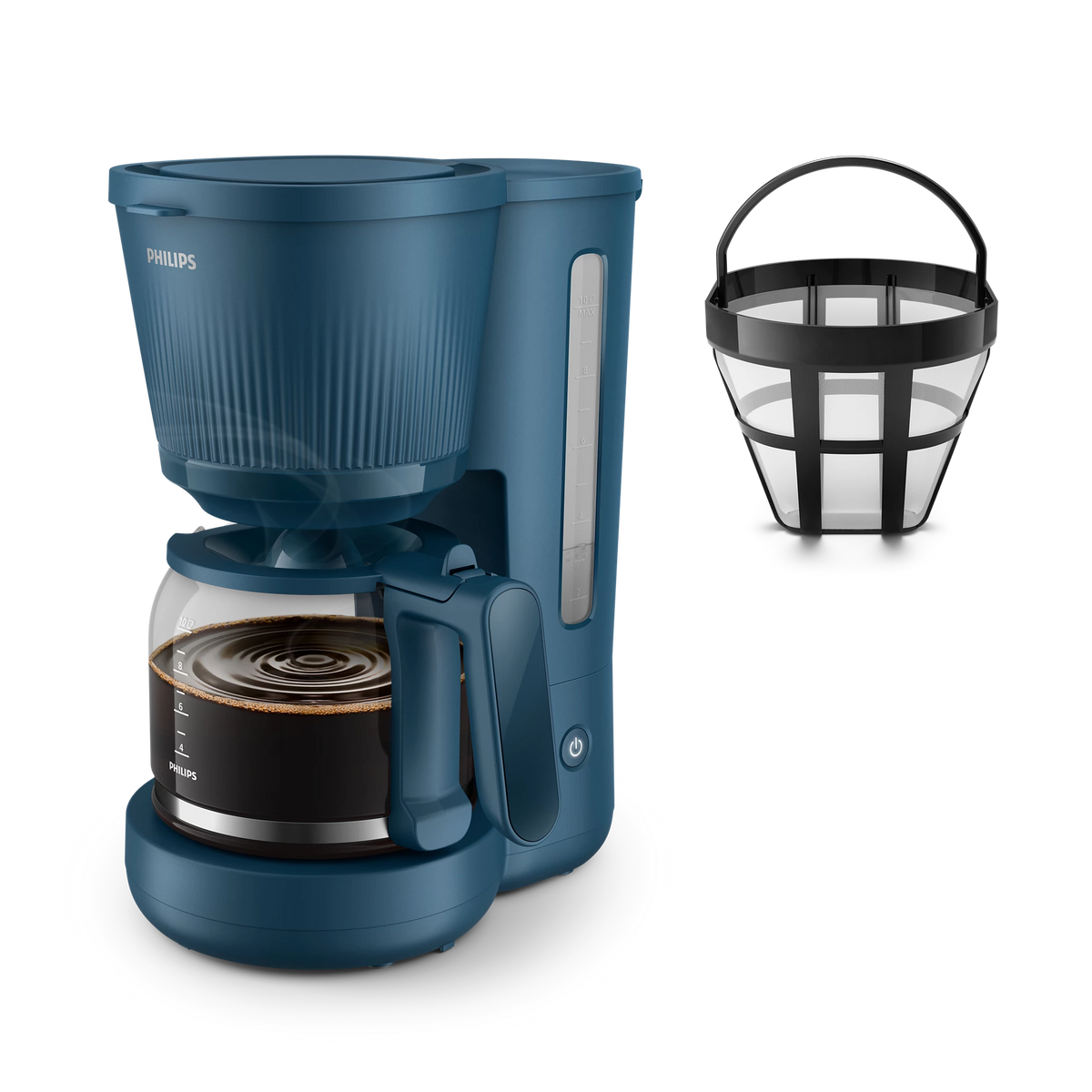 Niebieski ekspres do kawy Philips ze szklanym dzbankiem i oddzielnym koszykiem filtra.