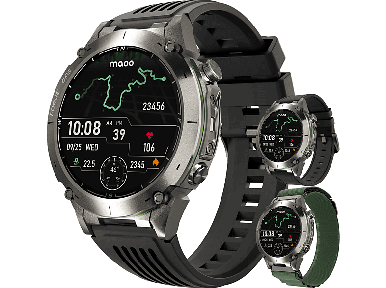 MAOO FORGE Smartwatch Herren GPS Kompass Barometrischer Höhenmesser AMOLED Always-On Telefonieren Nachrichten + 3 Armbänder, 22 mm, Rotguss Metall
