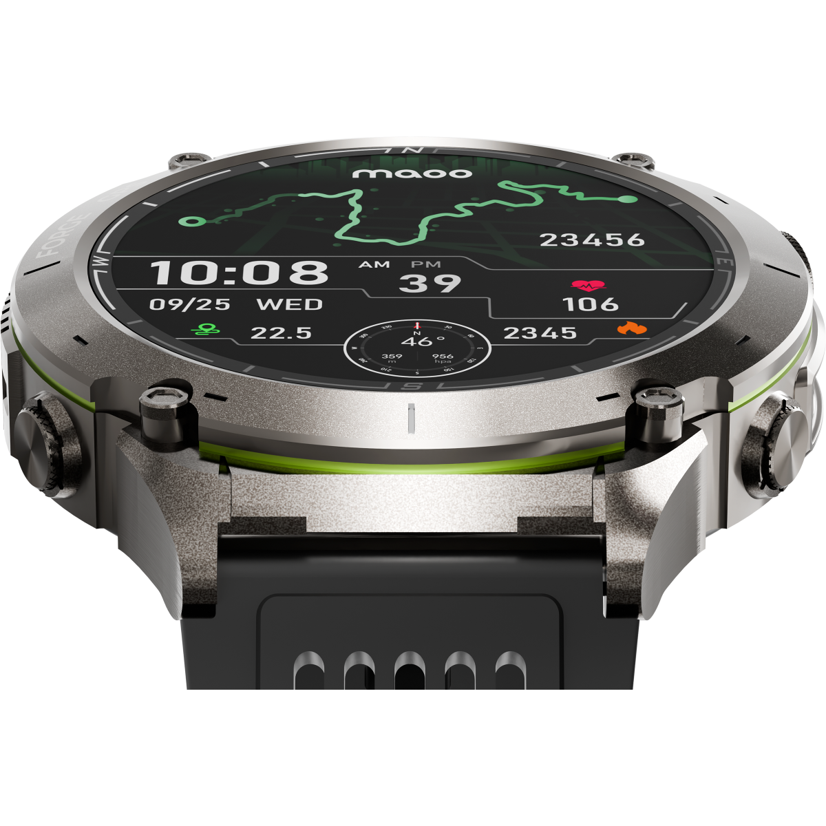 Eine metallisch-schwarze Smartwatch, die Aktivitätsdaten auf grünem Hintergrund anzeigt. Schwarzes Armband.