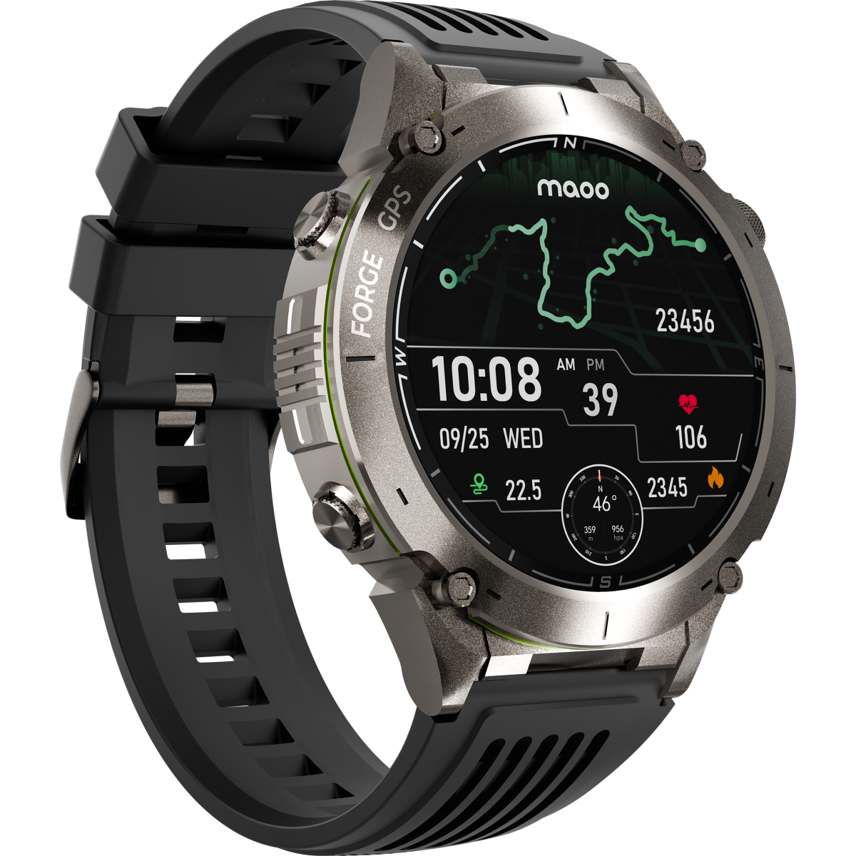 Smartwatch mit schwarzem Armband, zeigt Karte und Daten an. Zeigt Zeit, Herzfrequenz und andere Metriken.