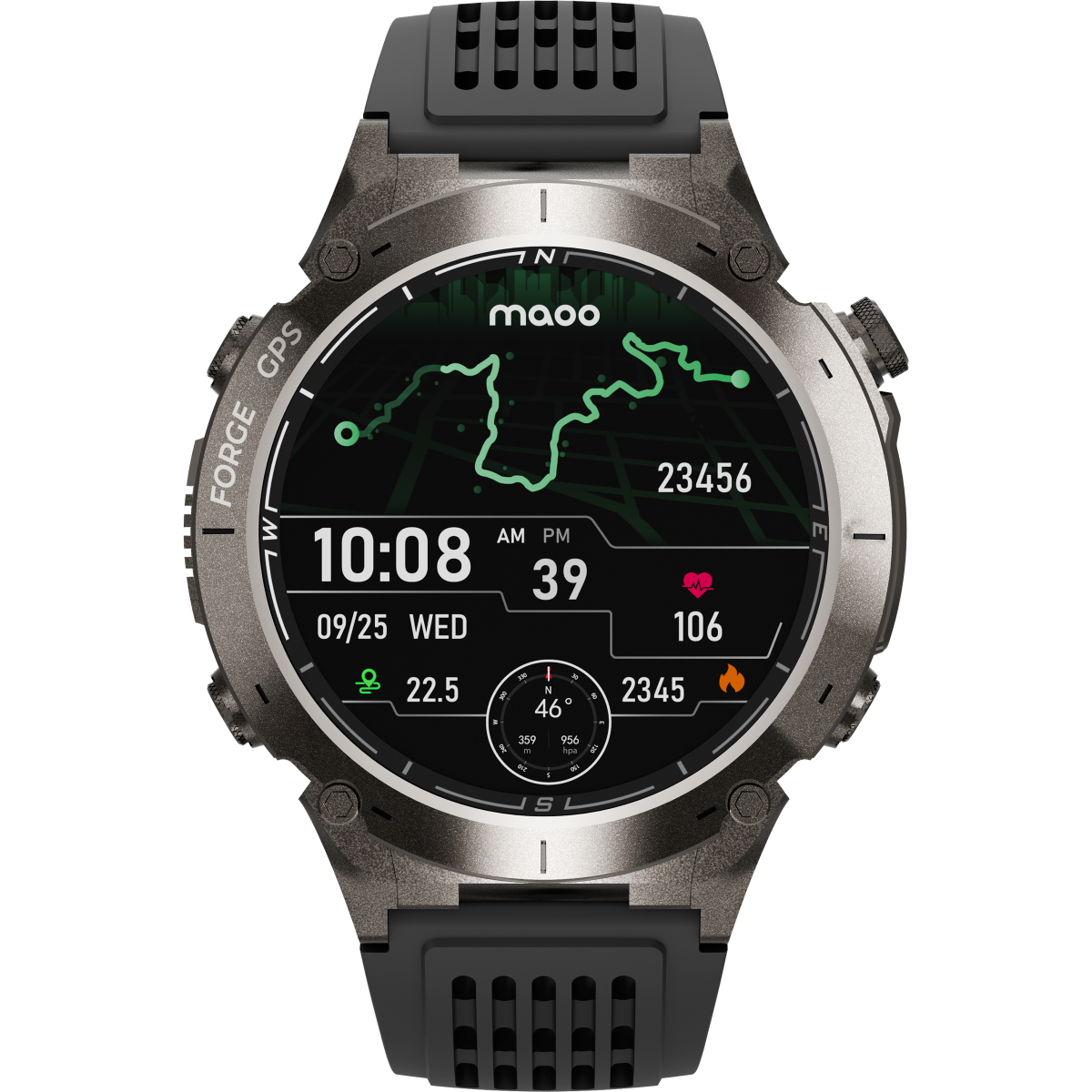 Smartwatch mit schwarzem Armband, zeigt Daten an, einschließlich Karte, Zeit, Herzfrequenz und andere Gesundheitsmetriken.