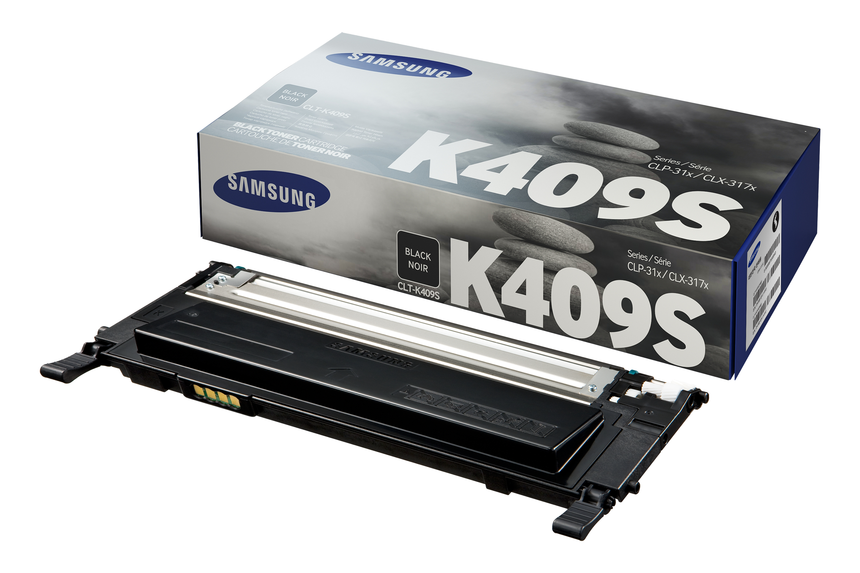 Siyah bir toner kartuşu ve kutusu. Kutuda Samsung markası ve K409S yazısı bulunmaktadır.