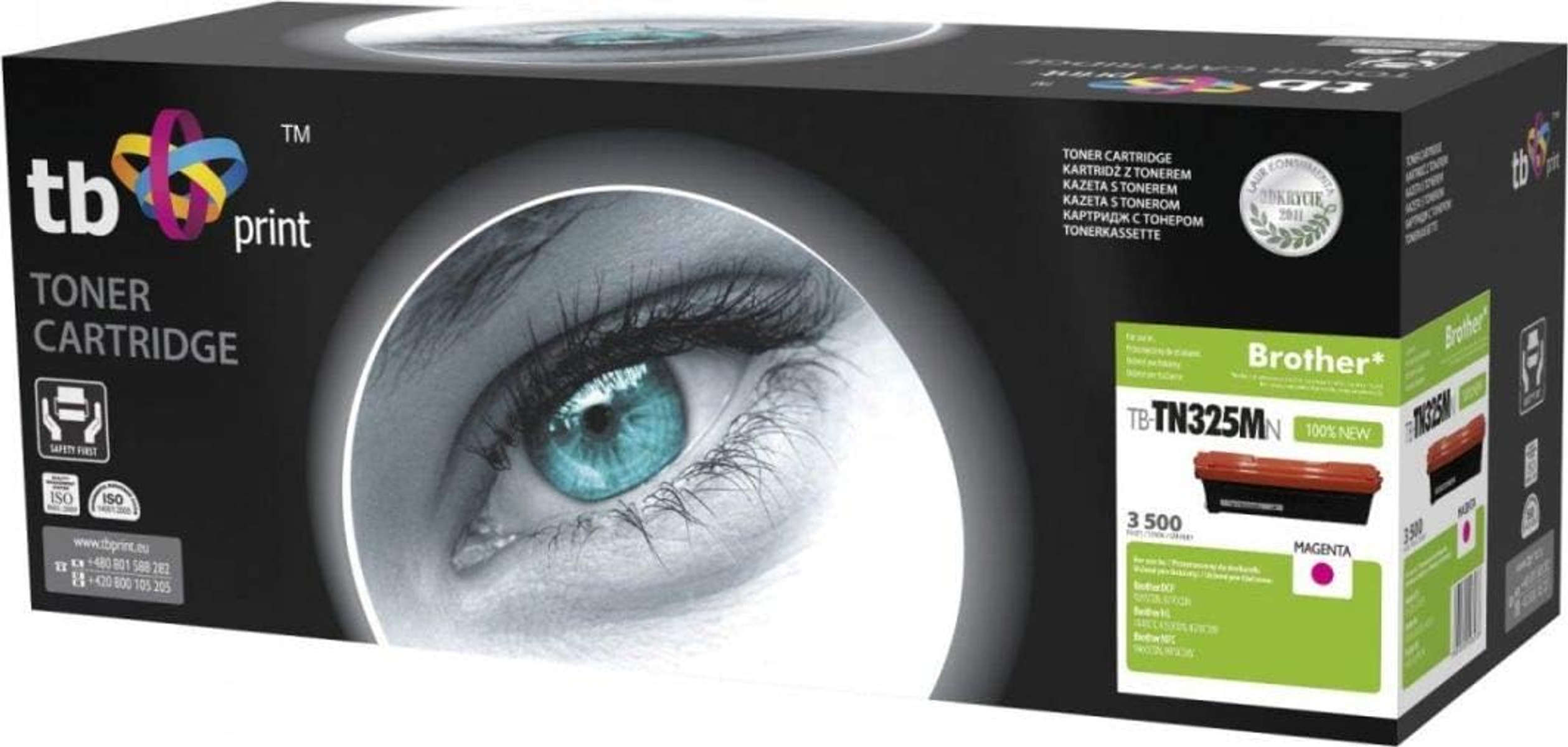 Pudełko z wkładem z tonerem, ze zdjęciem oka. Pudełko ma napis 'Toner Cartridge' i magenta wkład z tonerem.