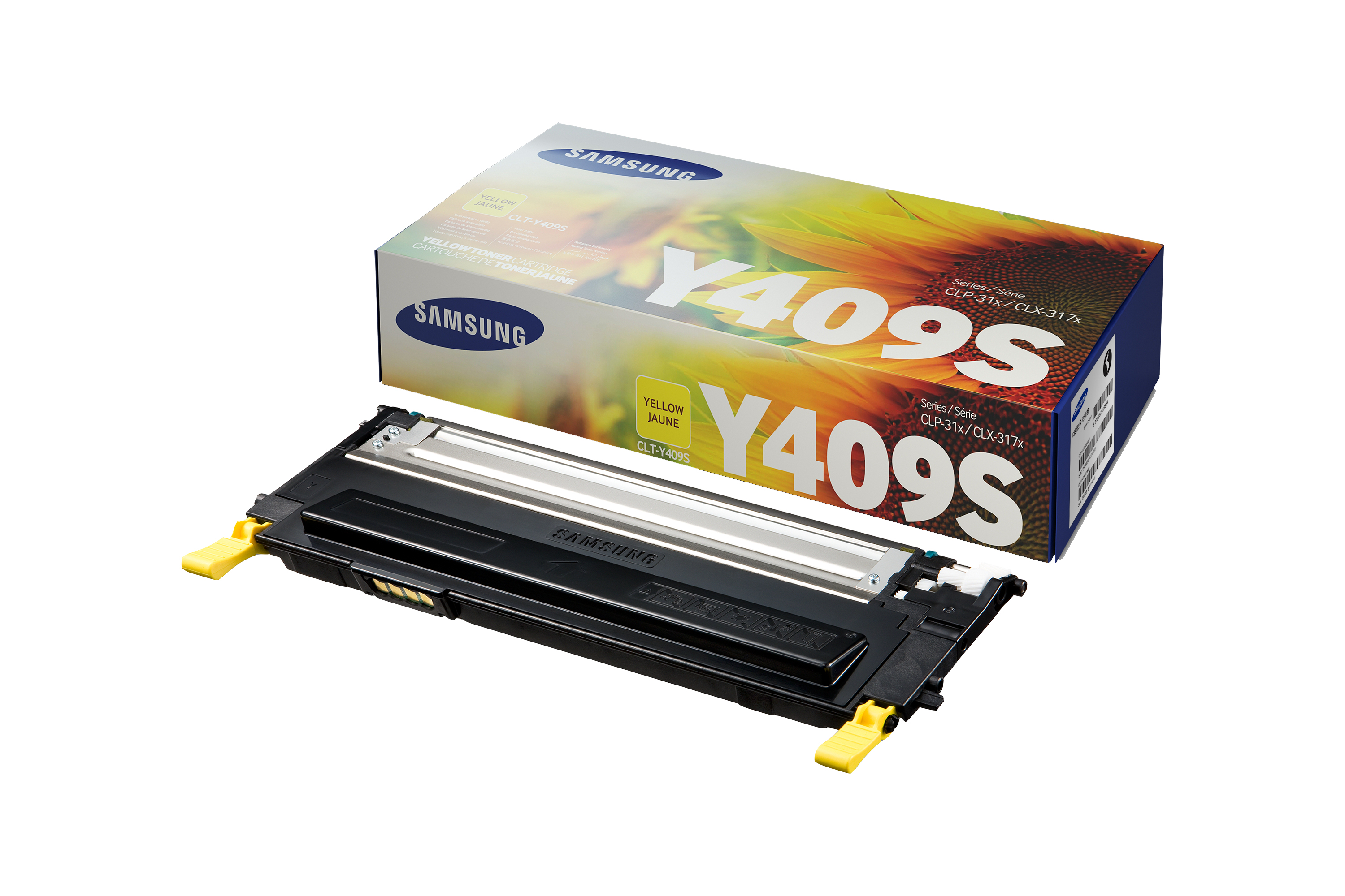 Sarı Samsung yazıcı toner kartuşu ve kutusu. Kutuda ayçiçeği grafikleri var.