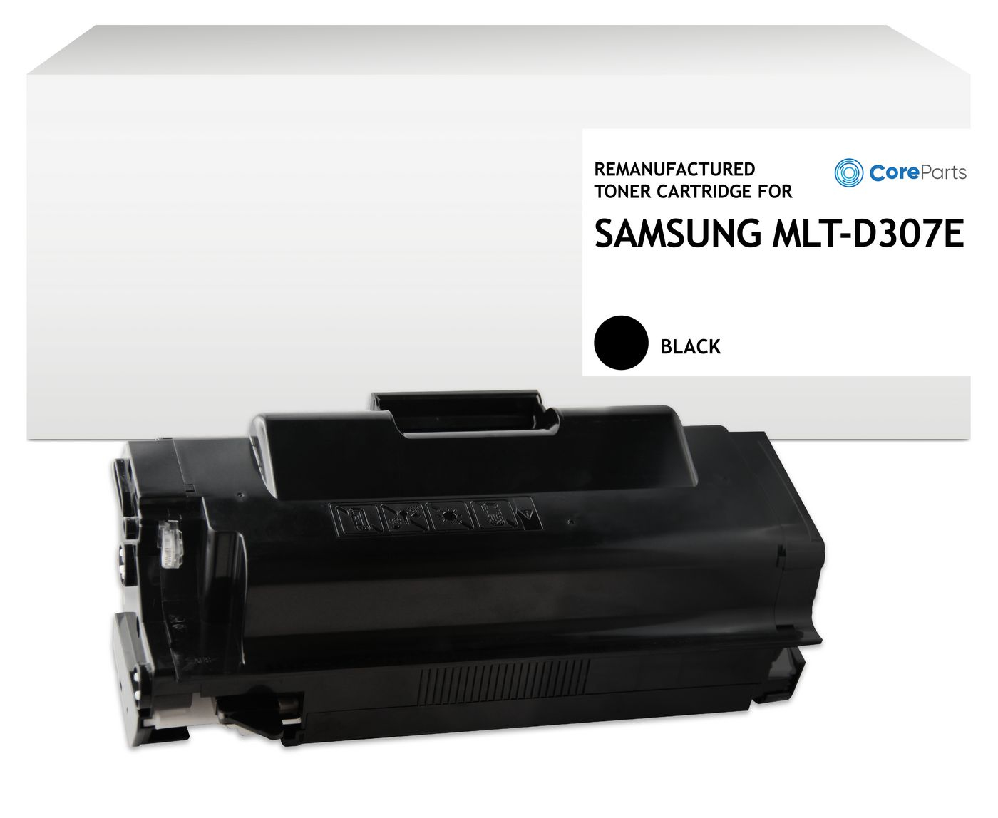 Cartuccia toner nera su una scatola bianca con il marchio CoreParts. La cartuccia è nera.