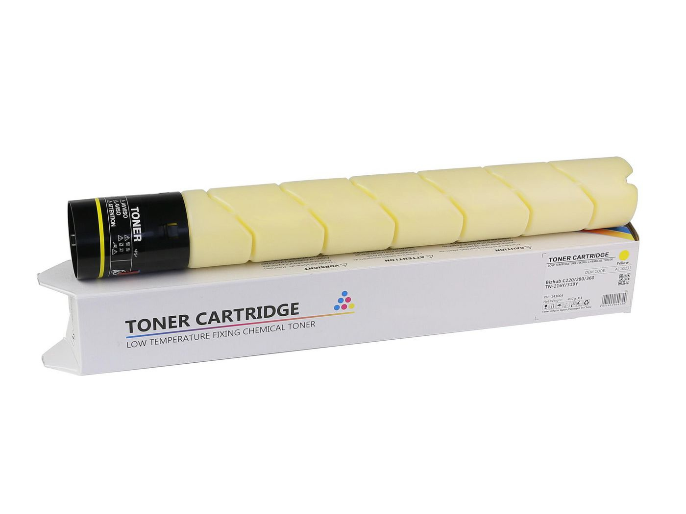 Cartuccia toner gialla all'interno di una scatola. Il testo indica che si tratta di una cartuccia toner.