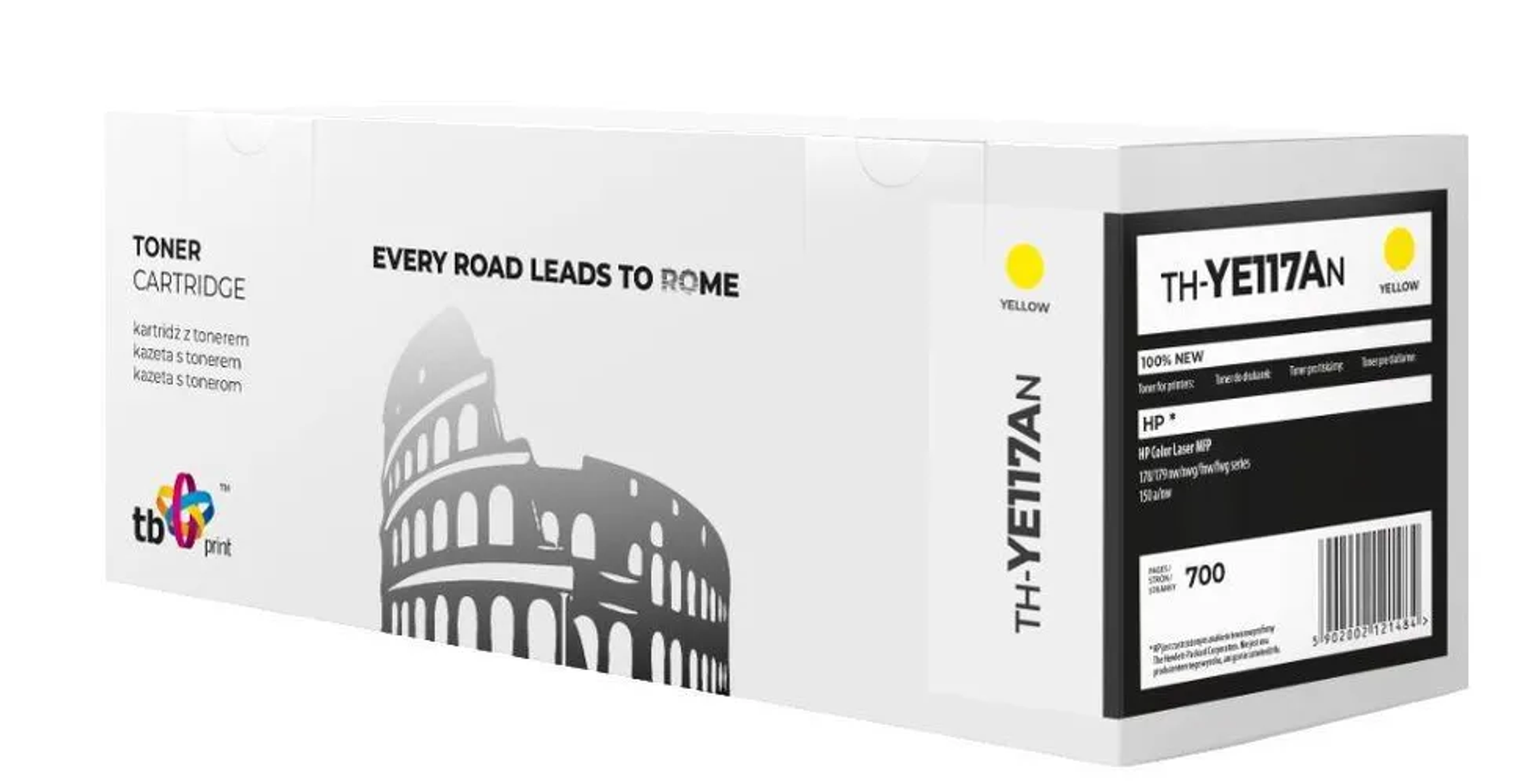 Białe pudełko z żółtymi akcentami, napisem 'Toner Cartridge' i wizerunkiem Koloseum.
