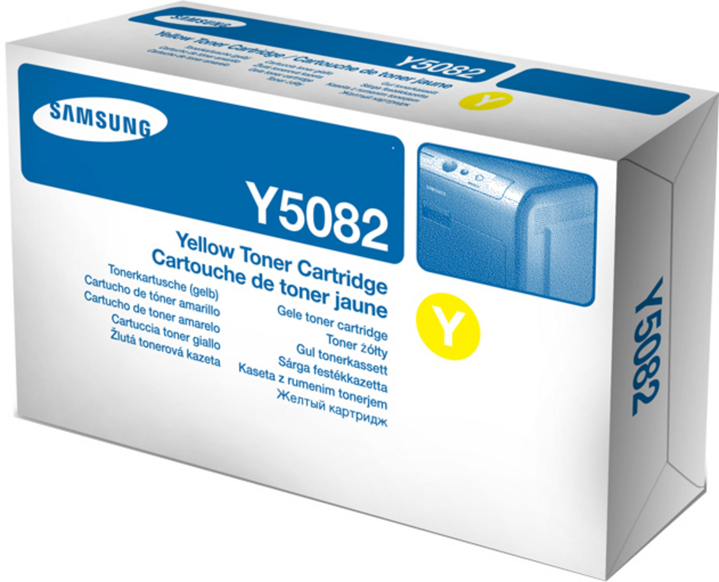 Scatola bianca e blu con etichetta 'Y5082' per toner giallo. Include testo in più lingue.