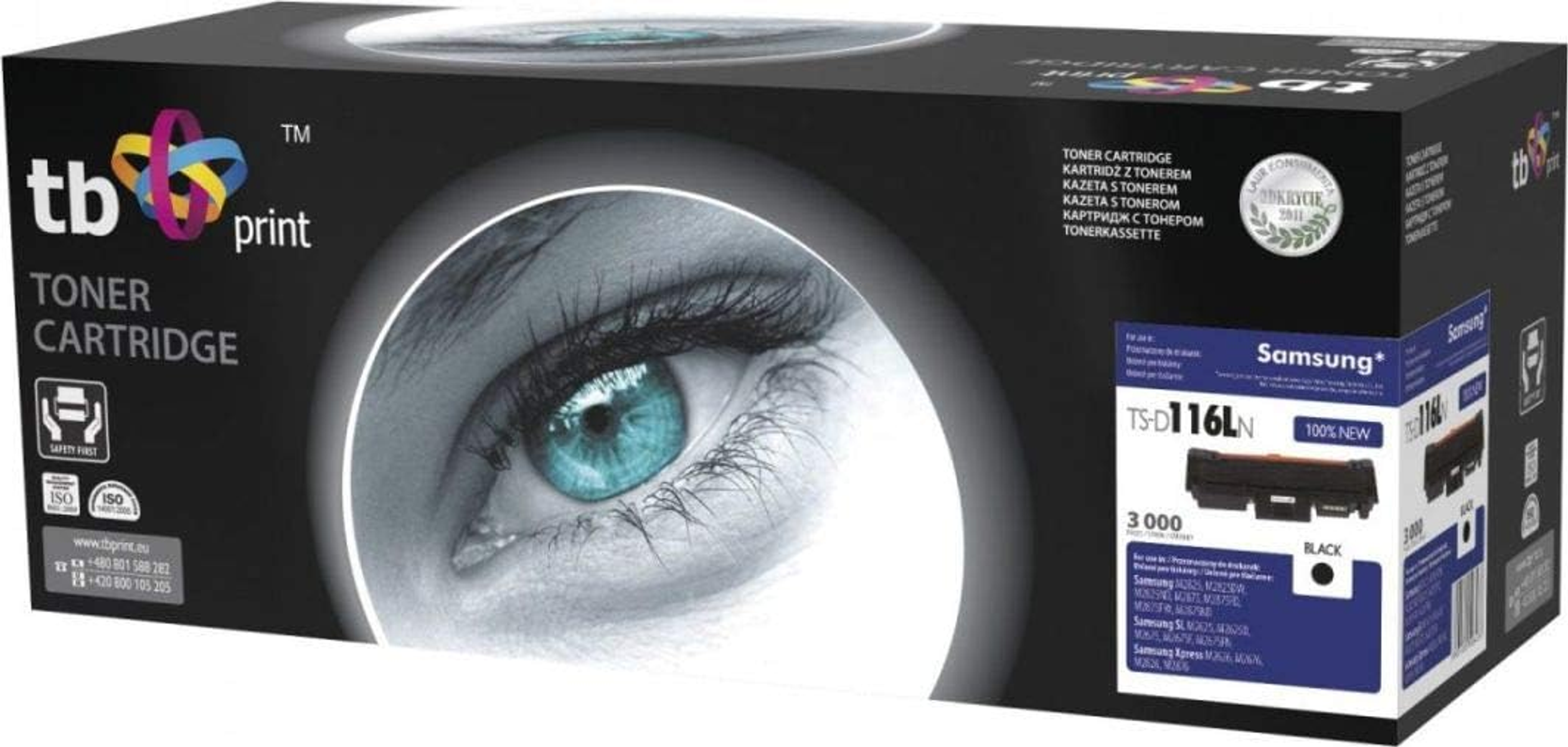 Boîte de cartouche de toner TB print avec une image d'œil. Toner noir Samsung sur la boîte.