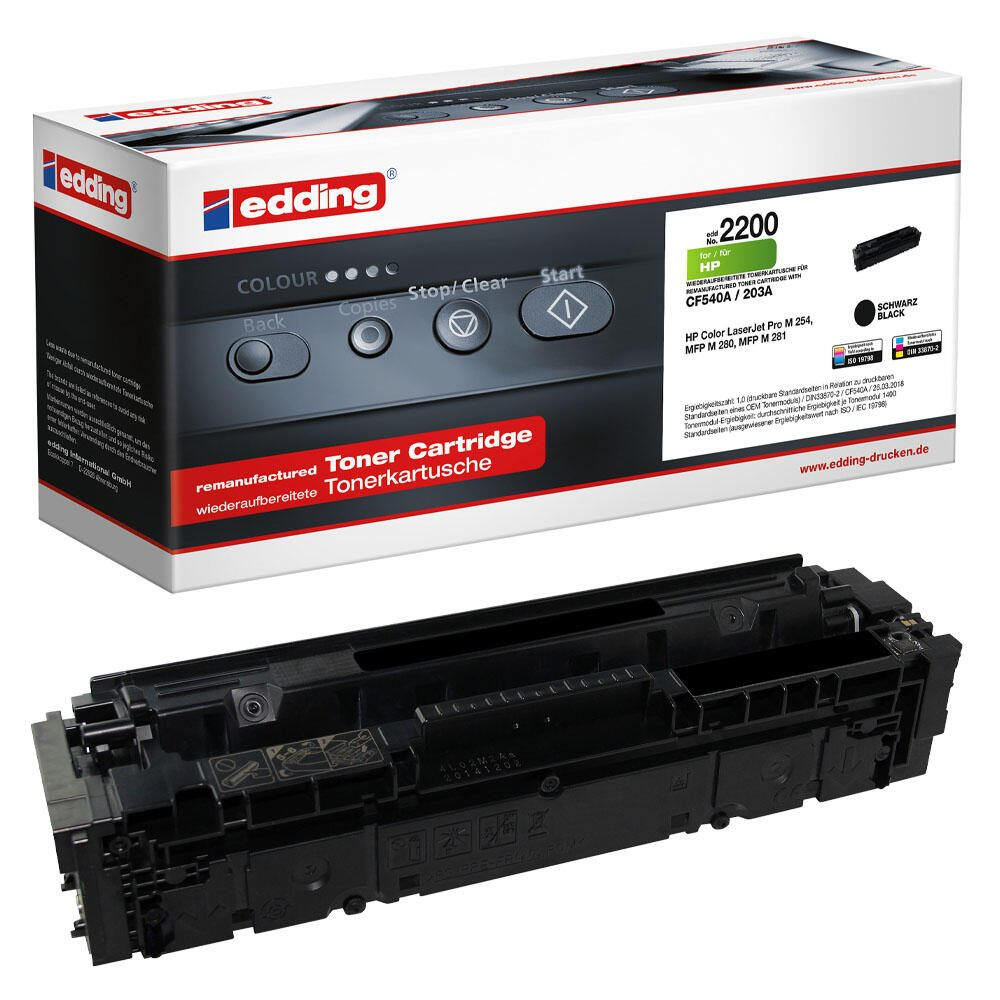 Scatola cartuccia toner rigenerata Edding, toner e cartuccia neri visibili.