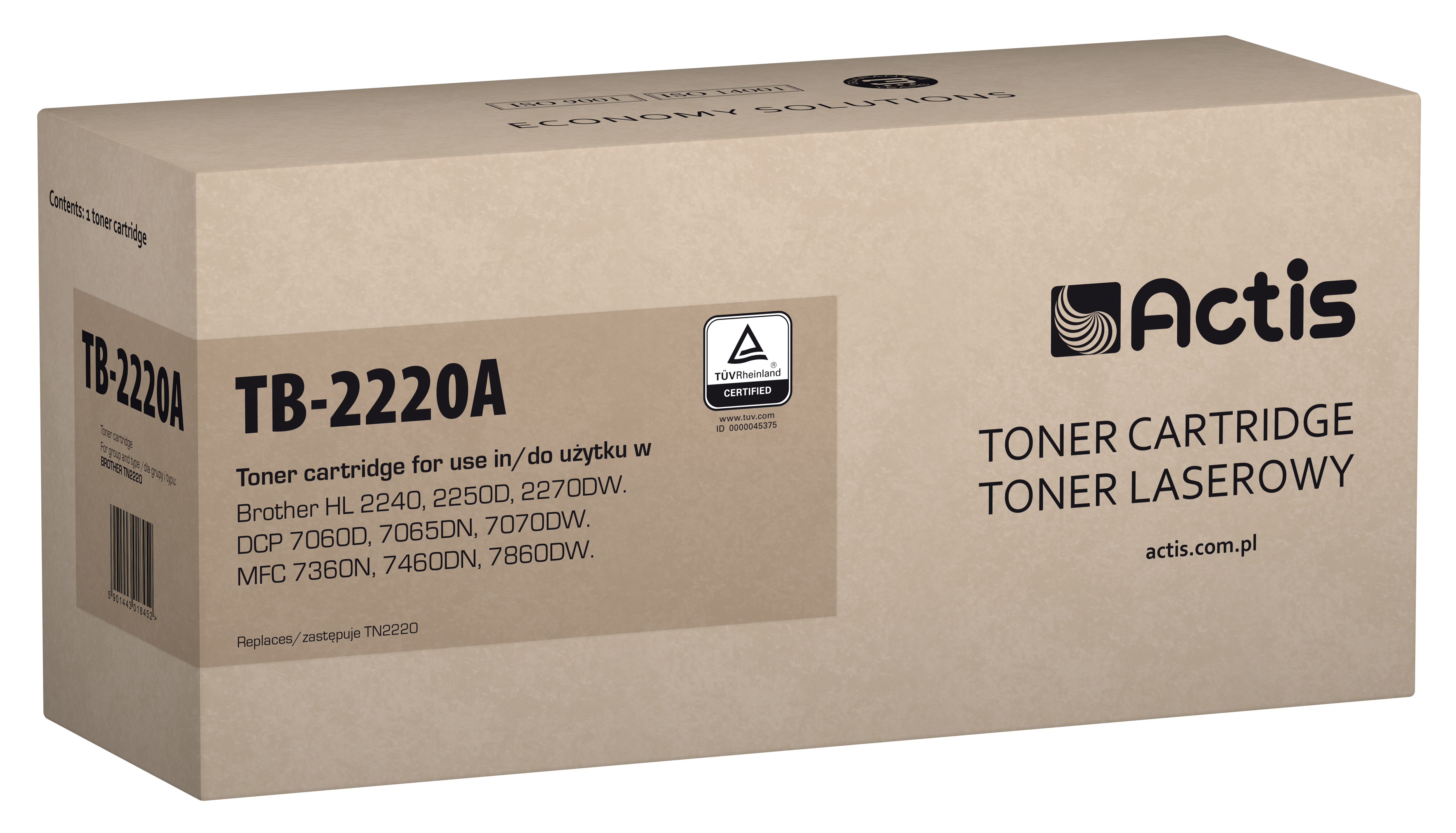 Brązowe pudełko z tonerem Actis z tekstem "CERTIFIED" i "TONER LASEROWY".