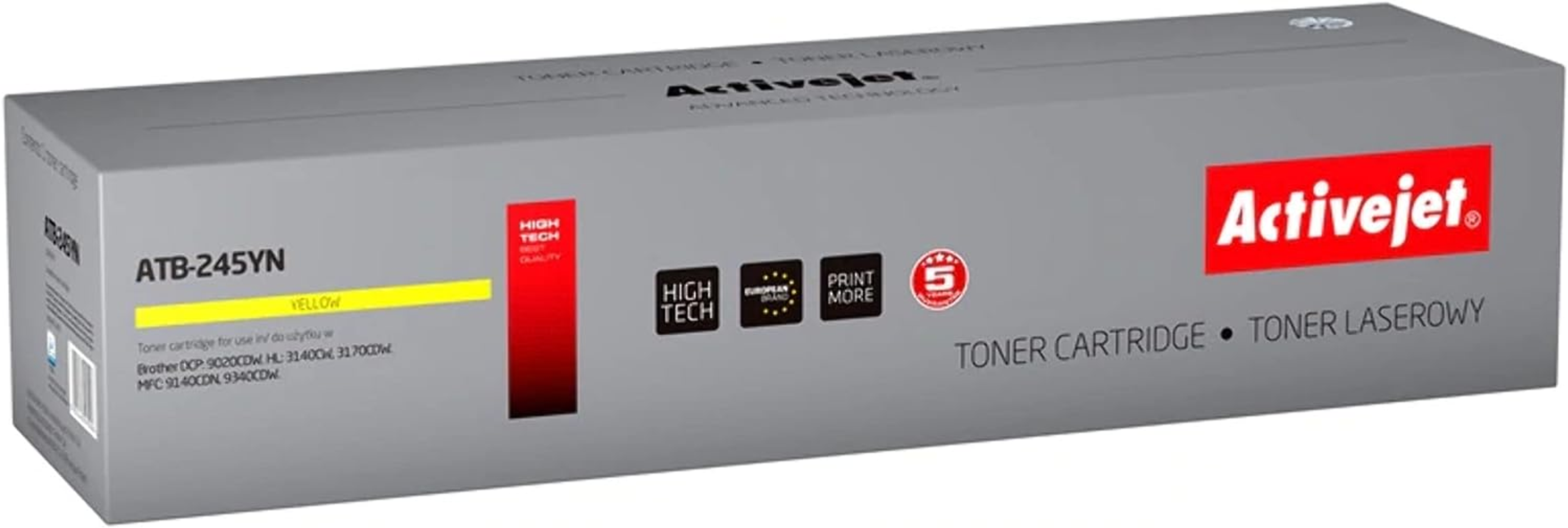 Żółte pudełko z tonerem, marka Activejet, model ATB-245YN, z technologią.