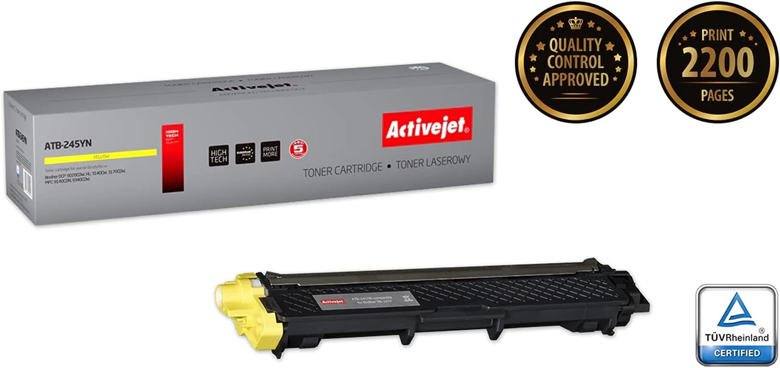 Żółty toner i pudełko, Activejet, ATB-245YN, kontrola jakości i szczegóły drukowania.