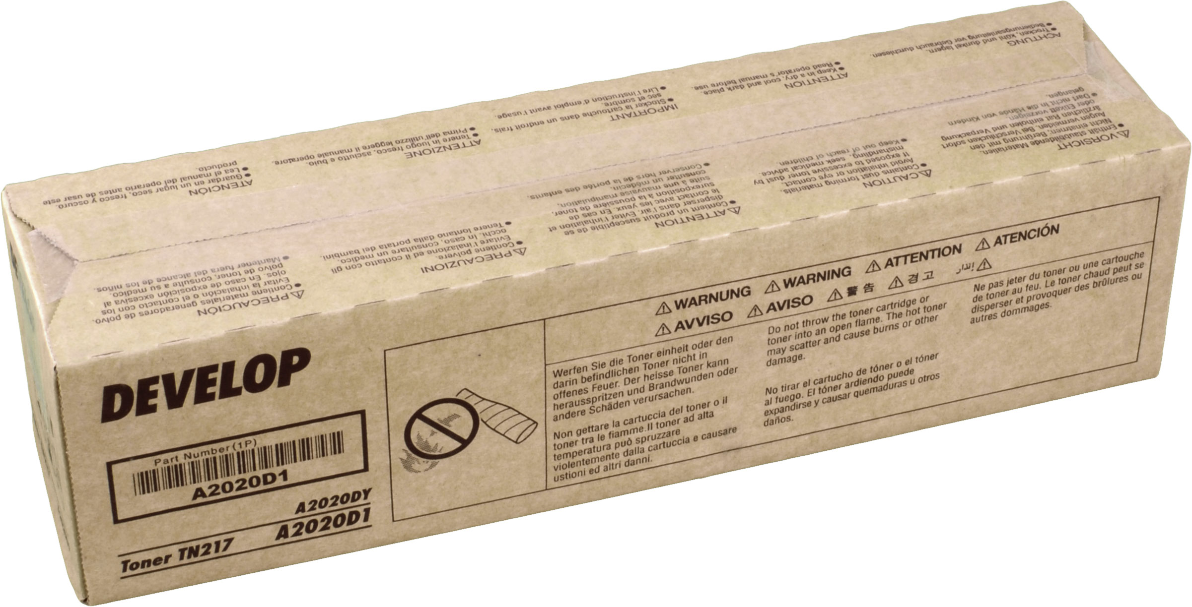 Scatola di cartucce toner DEVELOP marrone. Contiene etichette di avvertenza e informazioni sul prodotto in varie lingue.