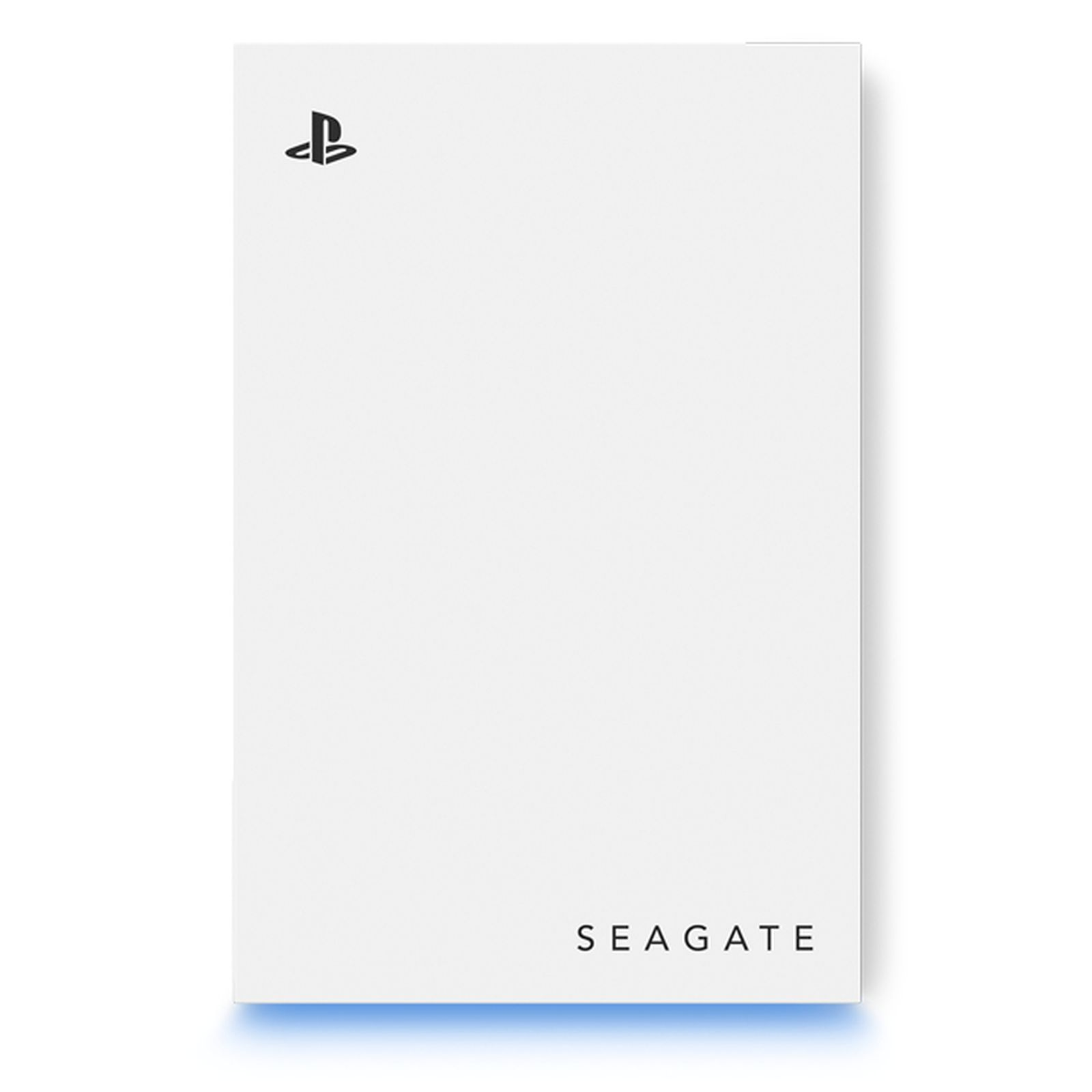 Scatola rettangolare bianca con logo Playstation e testo SEAGATE. Design semplice con luce blu in basso.