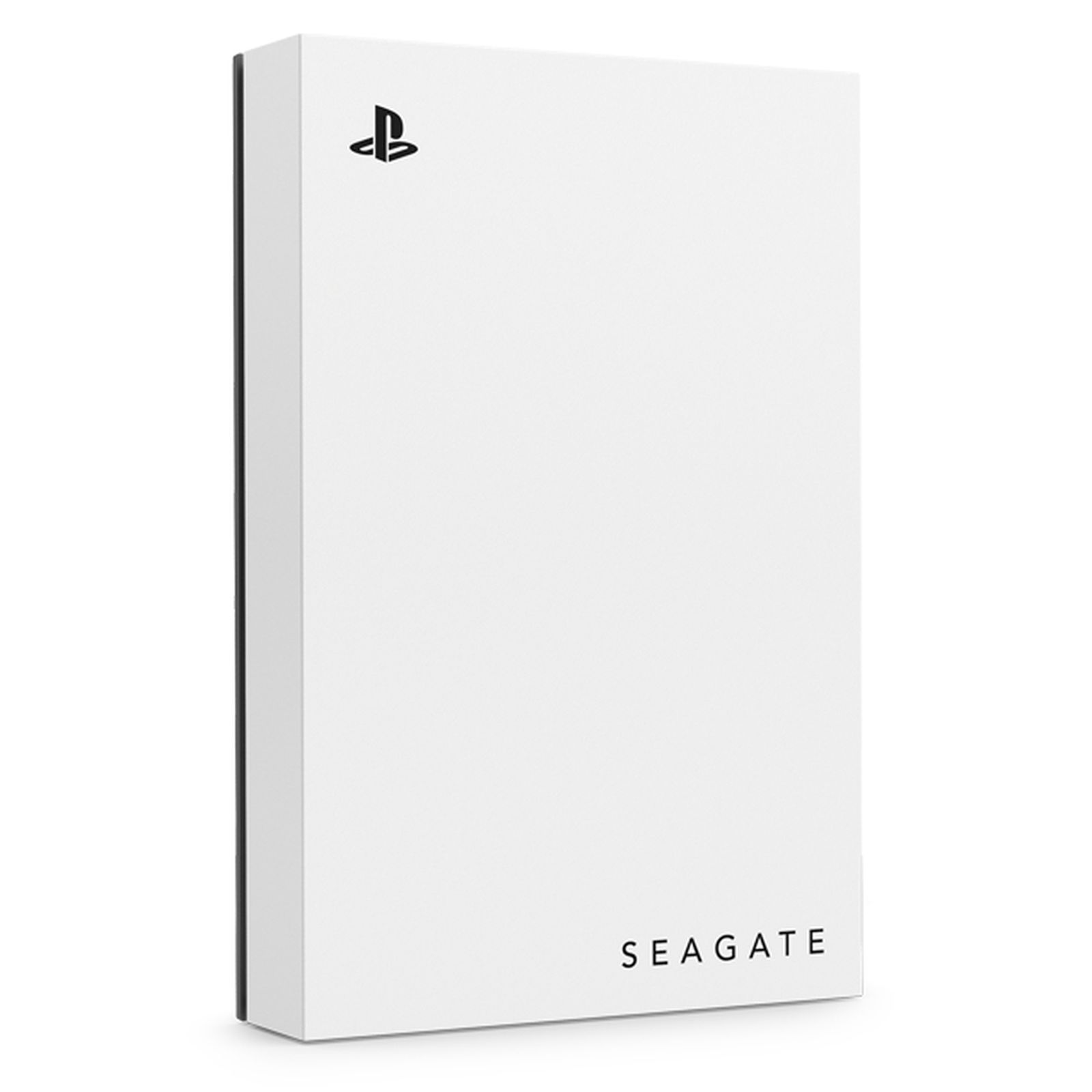 Scatola rettangolare bianca con logo Playstation e testo SEAGATE. Bordo nero e base blu.