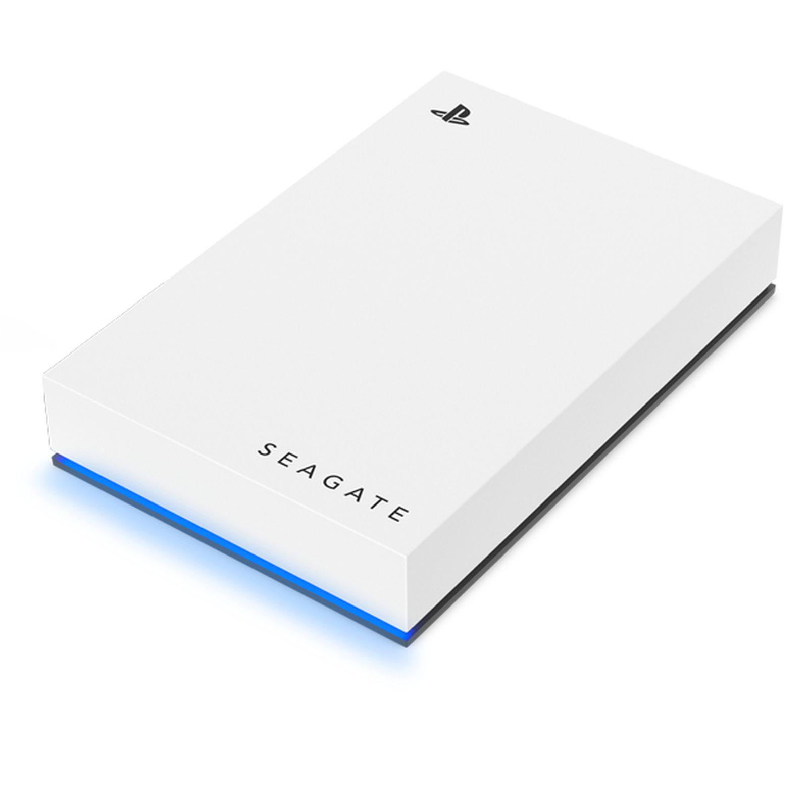 Scatola rettangolare bianca con logo Playstation e testo SEAGATE. Luce blu in basso. Vista angolata.