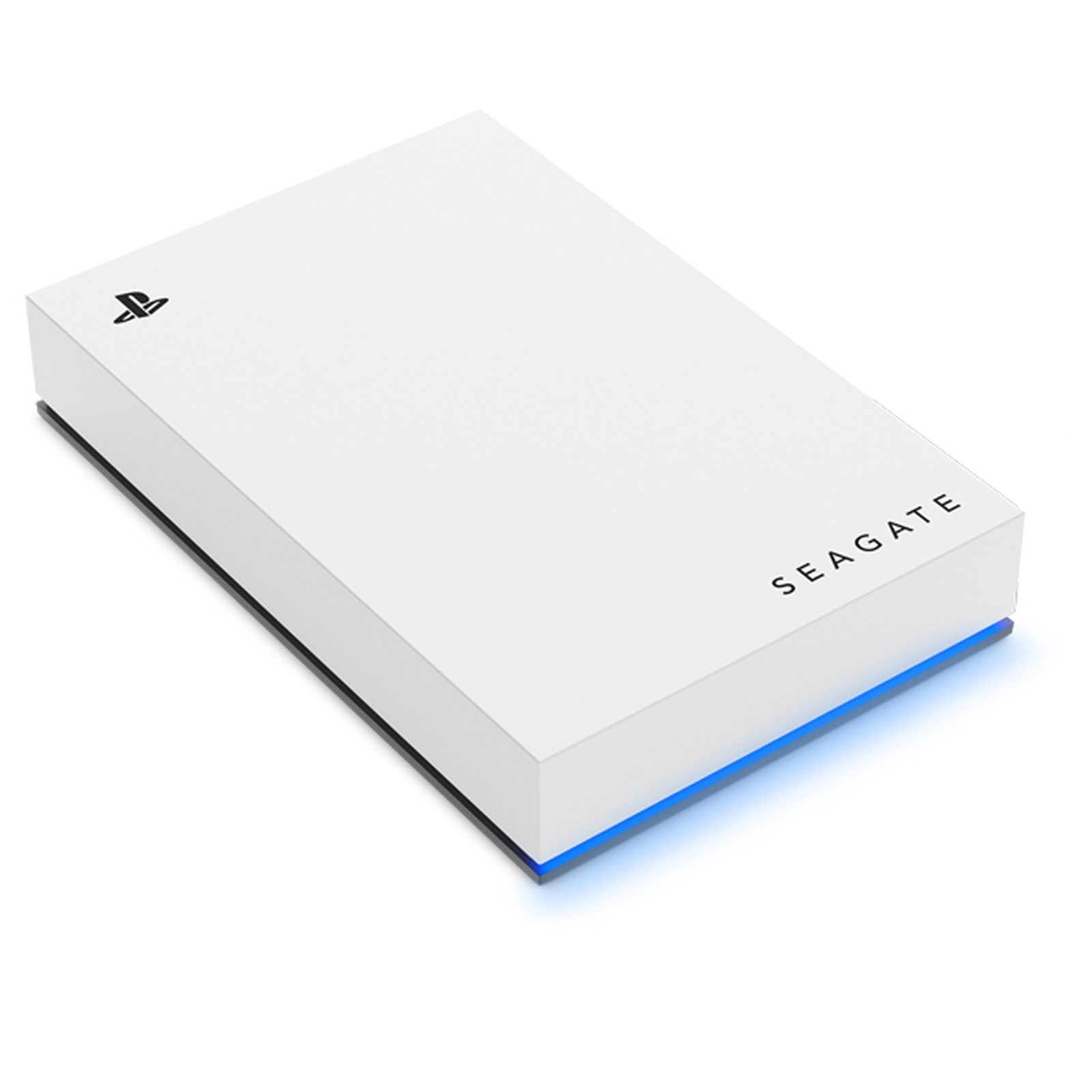 Scatola rettangolare bianca con logo Playstation e testo SEAGATE. Bordo nero. Vista angolata con luce blu.