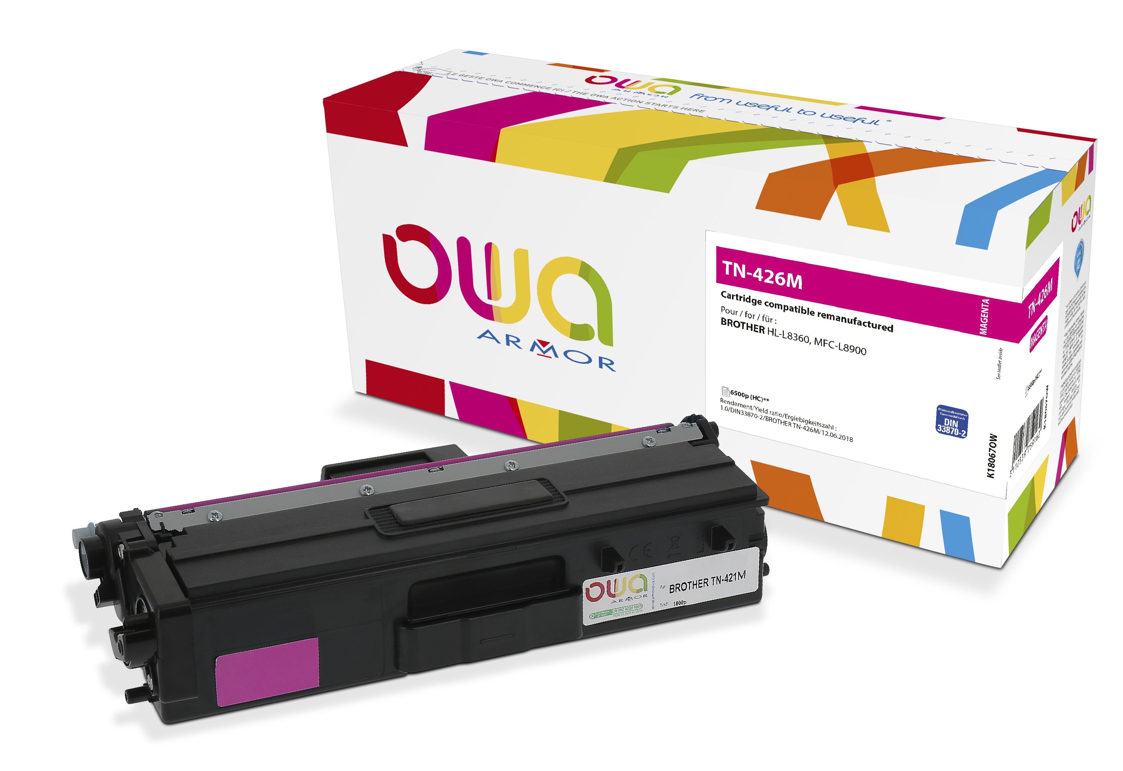Cartuccia toner magenta Owa Armor e scatola. Cartuccia nera a sinistra, scatola con coperchio colorato a destra.