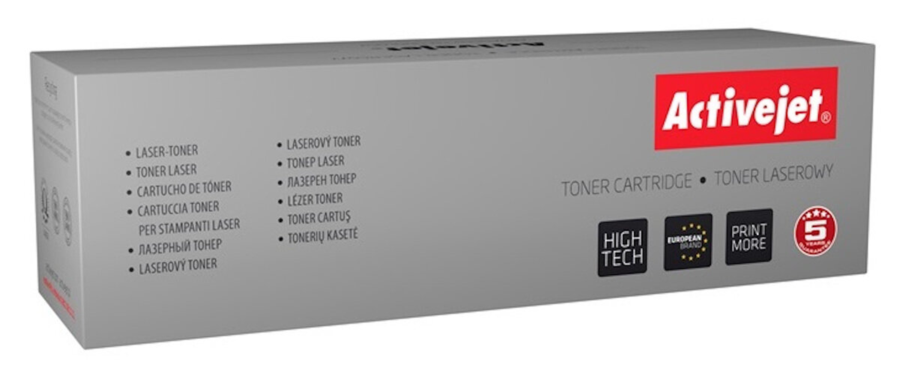 Szare pudełko. Logo 'Activejet'. Tekst: Toner laserowy, Wkład z tonerem i inne języki.