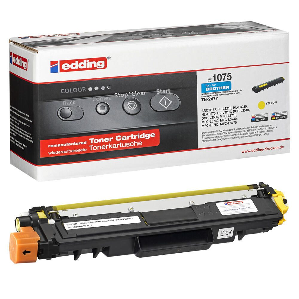 Scatola e cartuccia toner Edding. Sfondo bianco.