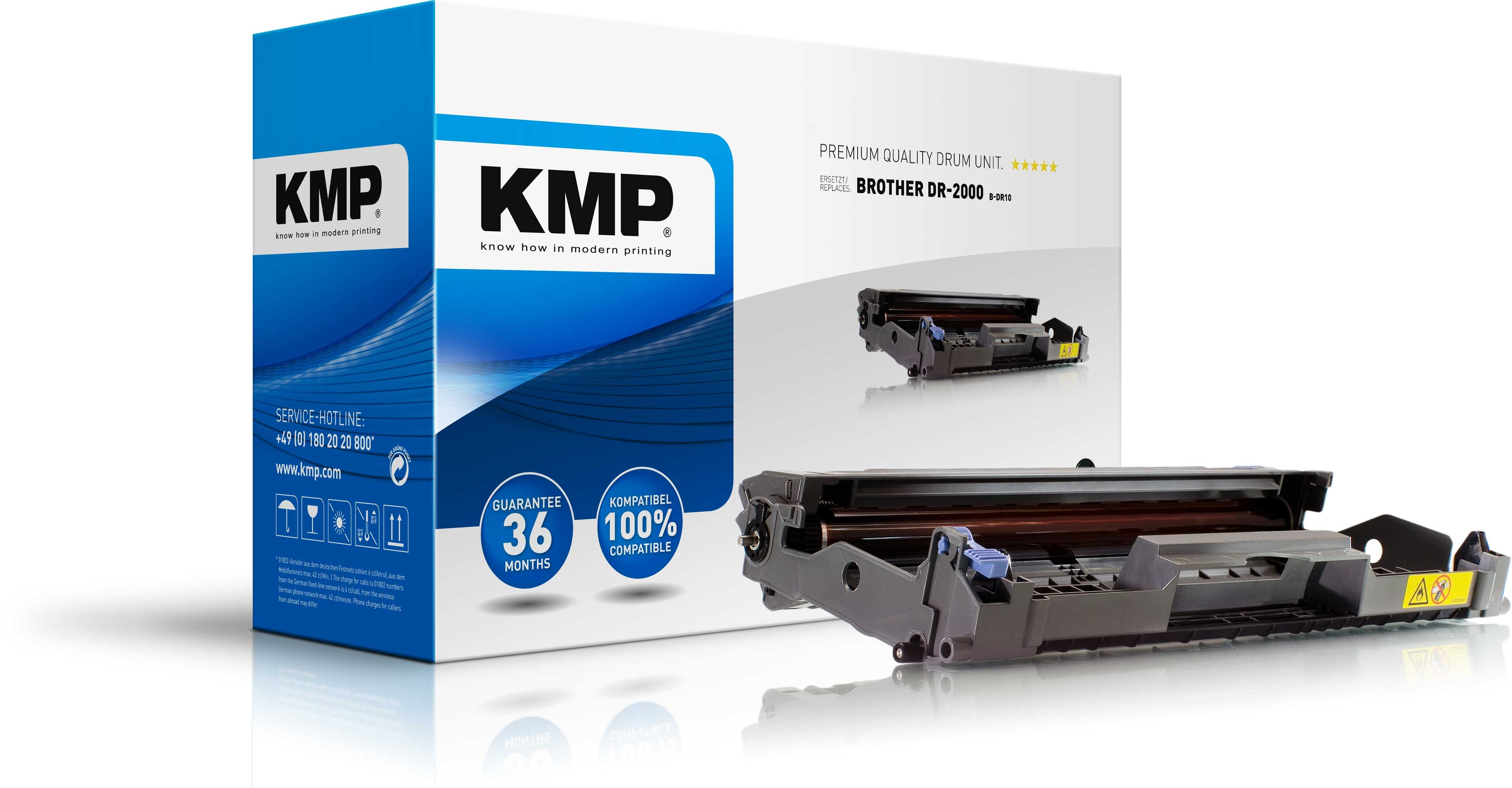 Cartuccia toner nera con scatola bianca e blu; marchio KMP.