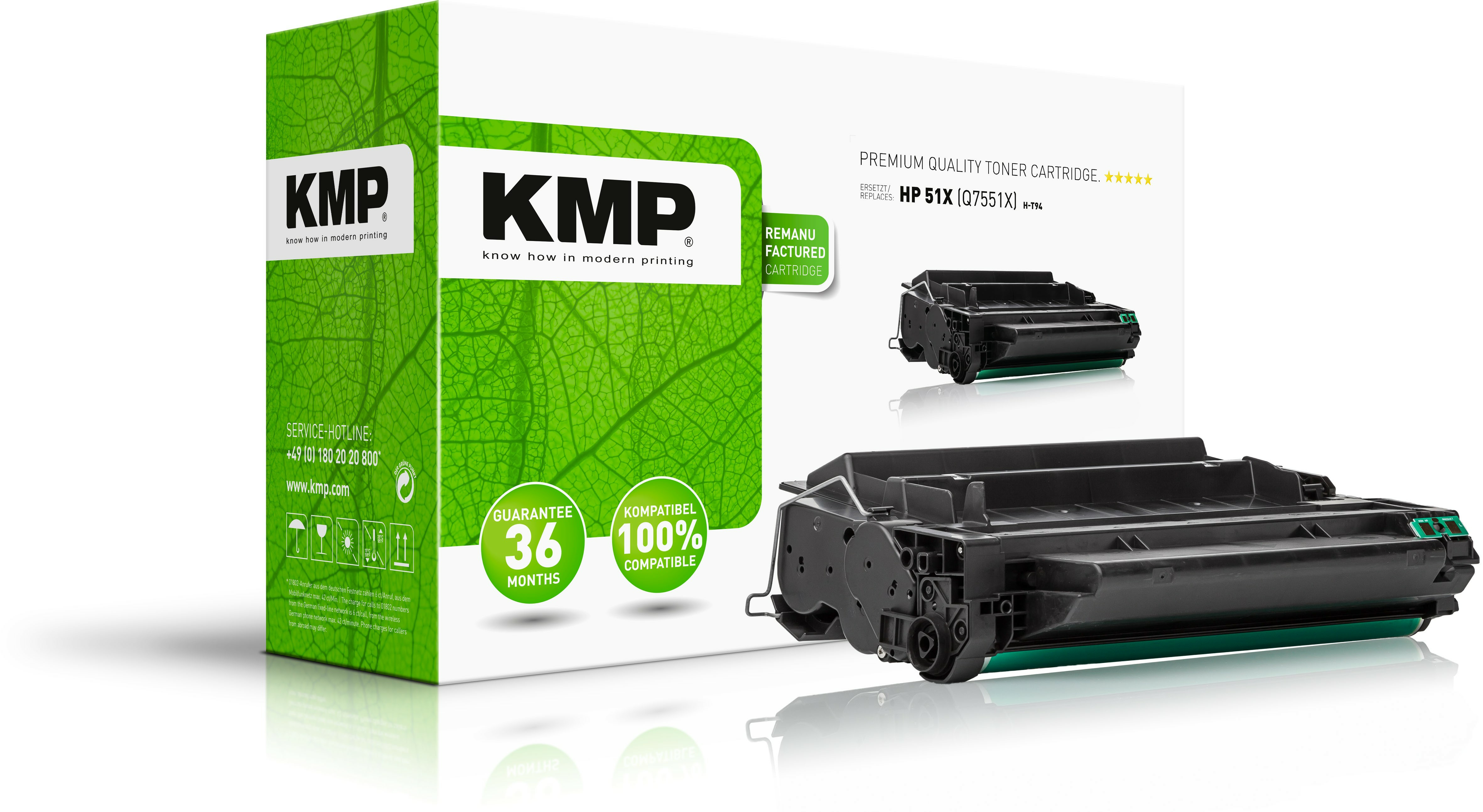 Cartuccia toner nera con scatola verde e bianca; marchio KMP.