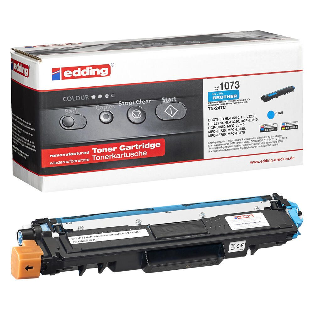 Cartuccia toner con colore ciano e scatola bianca, marchio Edding.