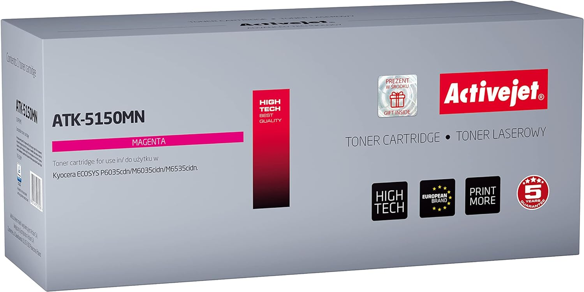 Cartucho de tóner magenta en una caja gris y blanca; marca Activejet.