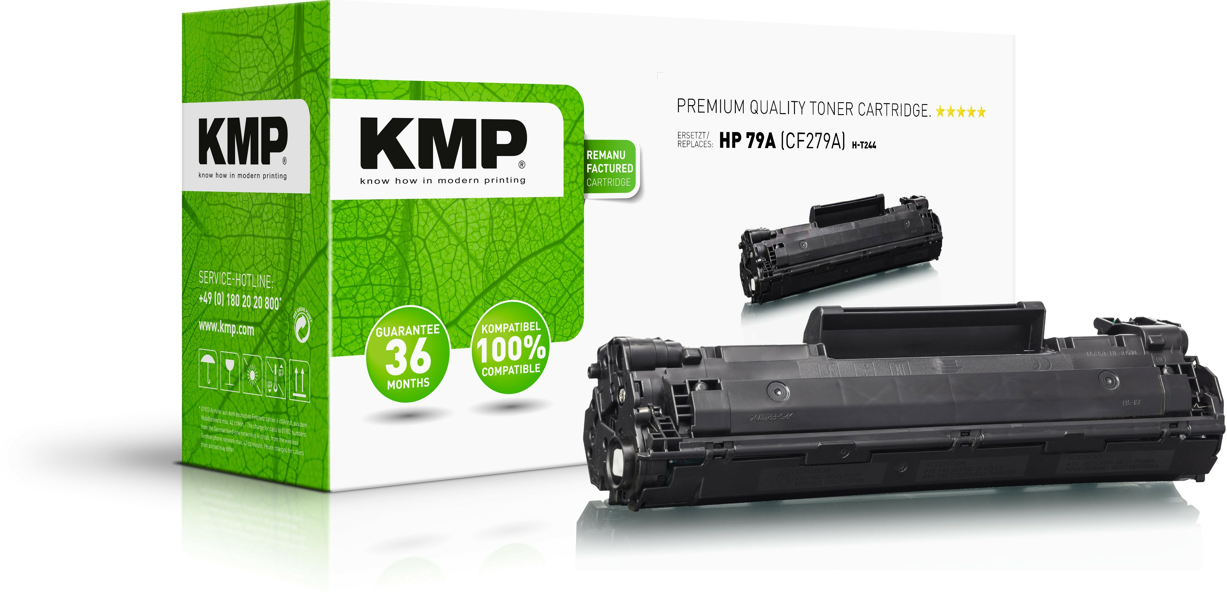 Cartucce toner KMP con scatole esposte. Cartuccia nera, sfondo di foglie verdi.