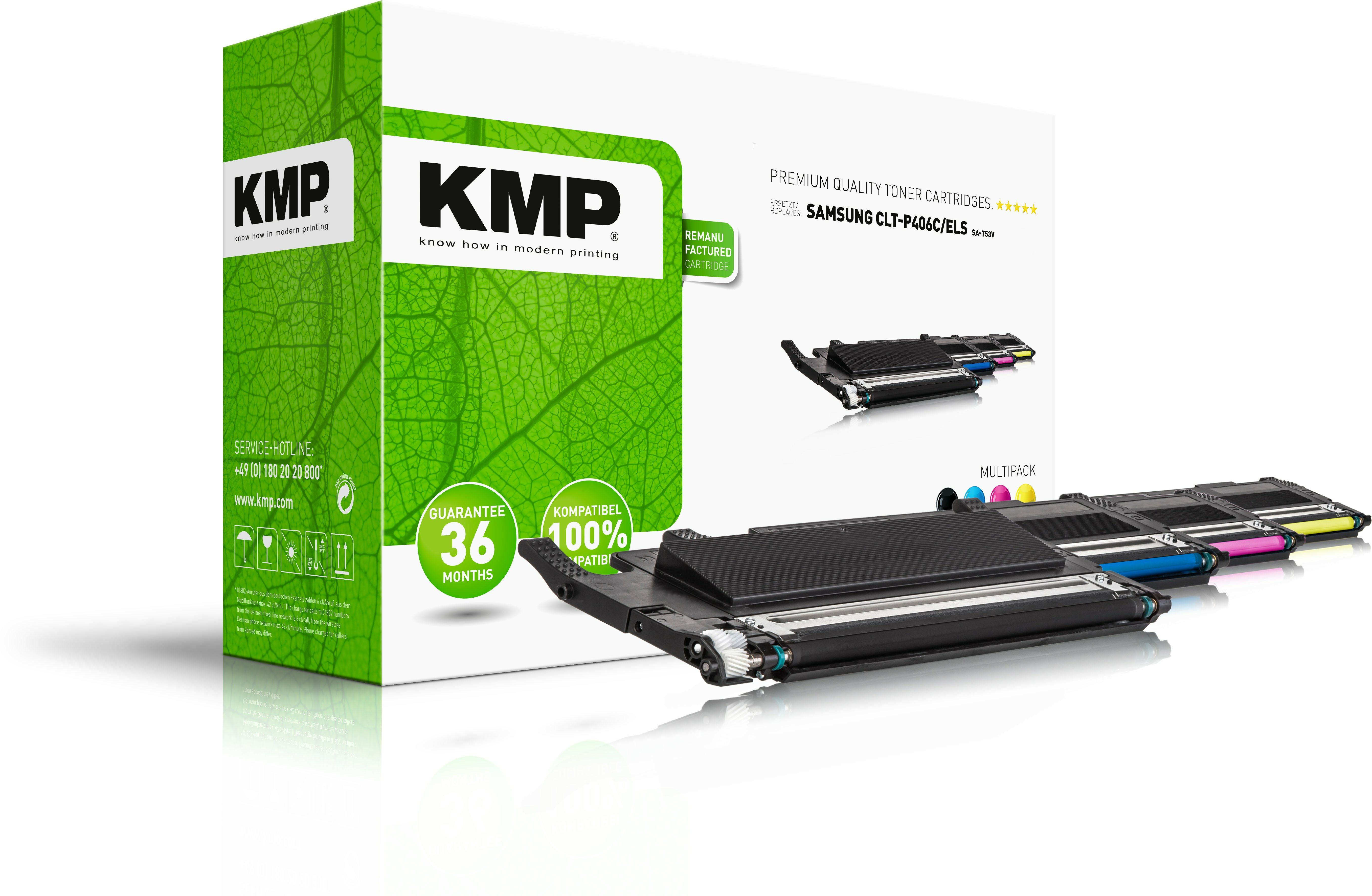Caja de cartuchos de tóner KMP con diseño de hojas. Cartuchos de tóner visibles. Texto: 'KMP, know how in modern printing'.