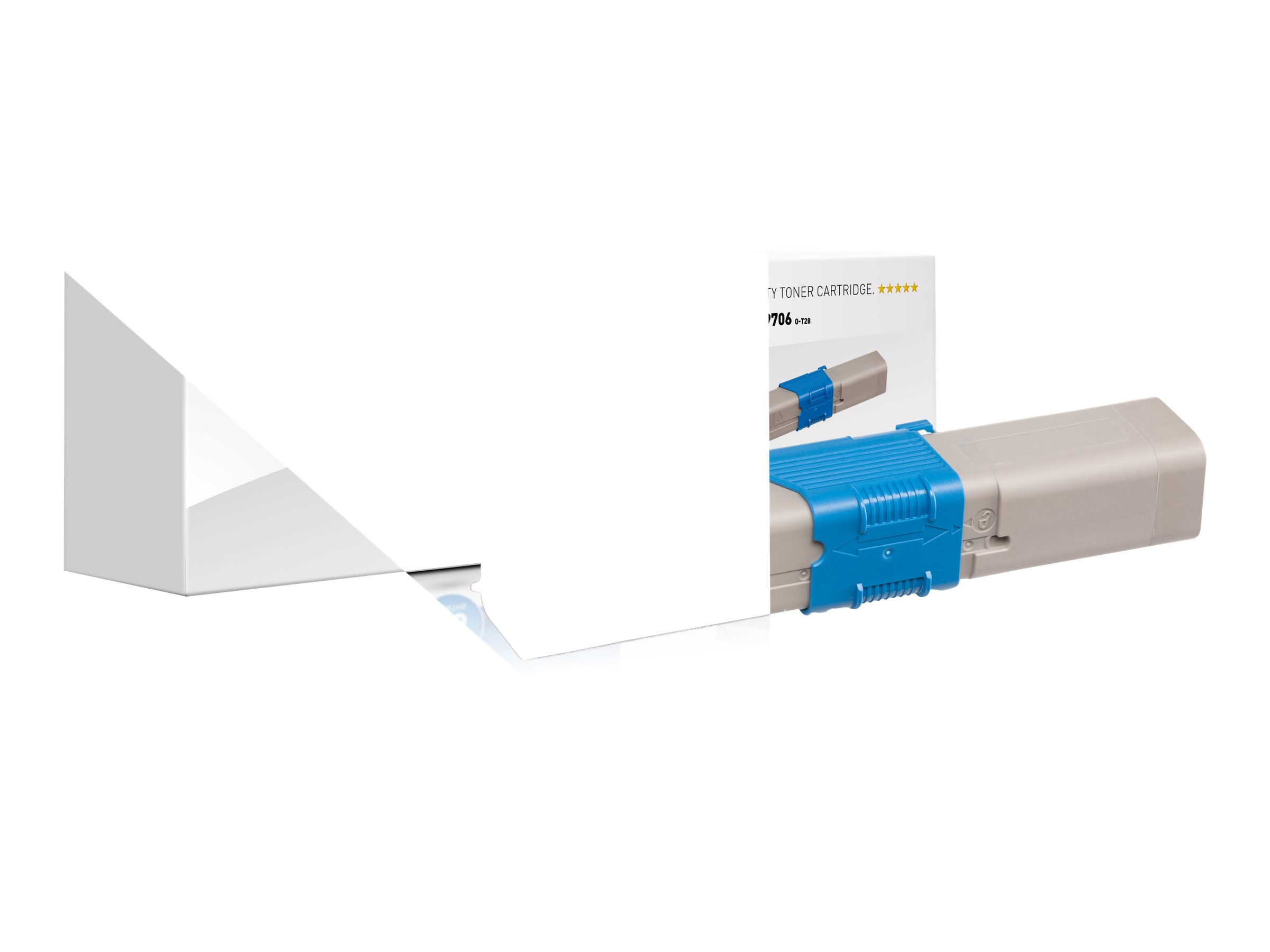 Białe tło z pudełkiem z tonerem i wkładem z tonerem. Pudełko jest częściowo widoczne.