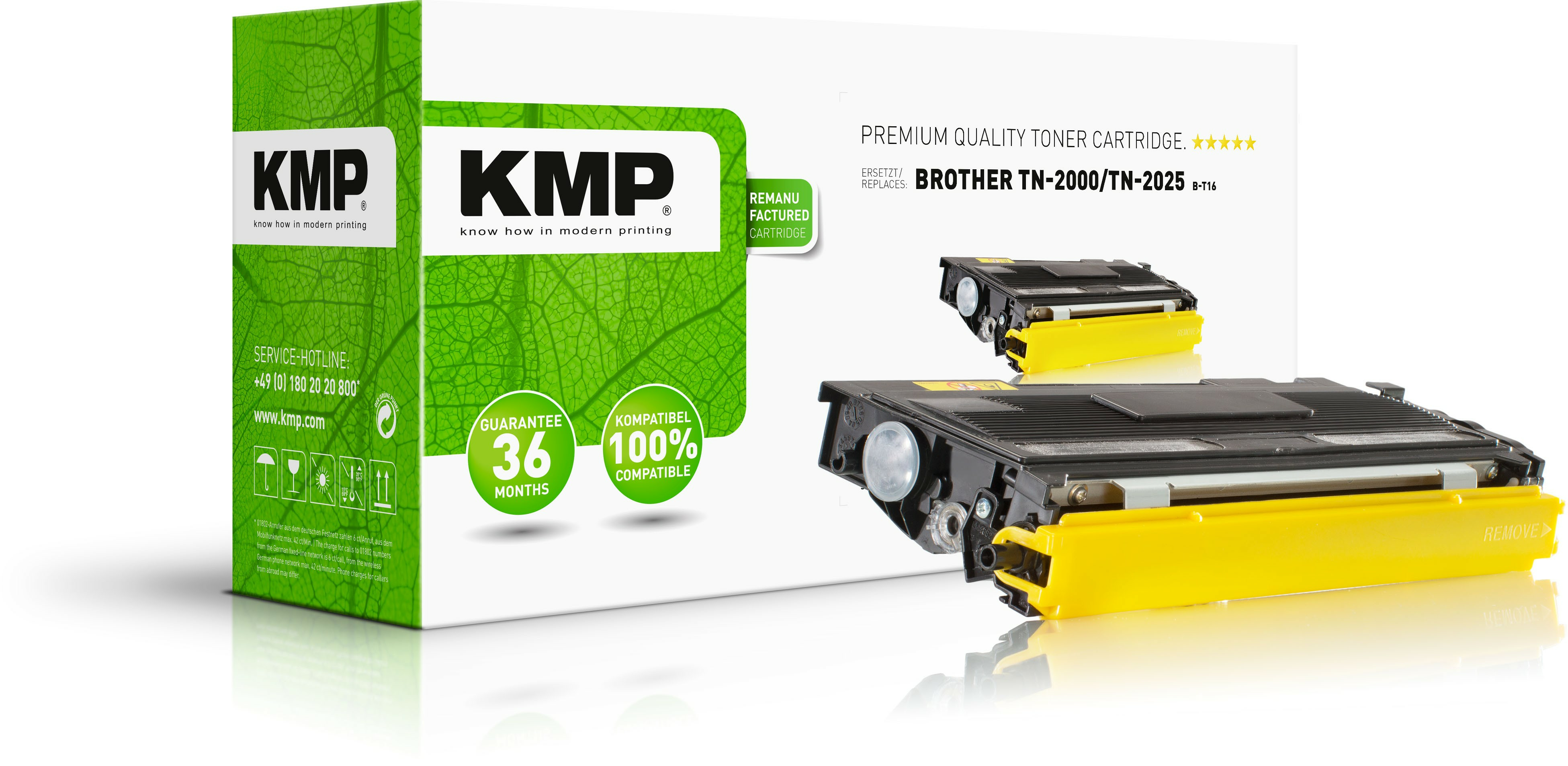 Cartuccia toner Brother TN-2000/TN-2025 con parti gialle e scatola.