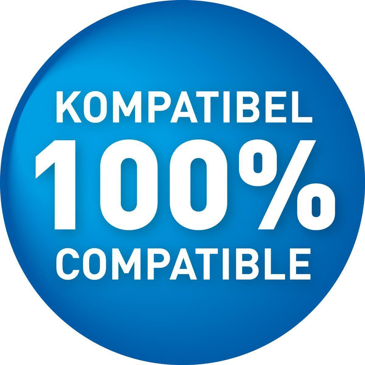 Cerchio blu con testo bianco: KOMPATIBEL, 100%, COMPATIBLE.