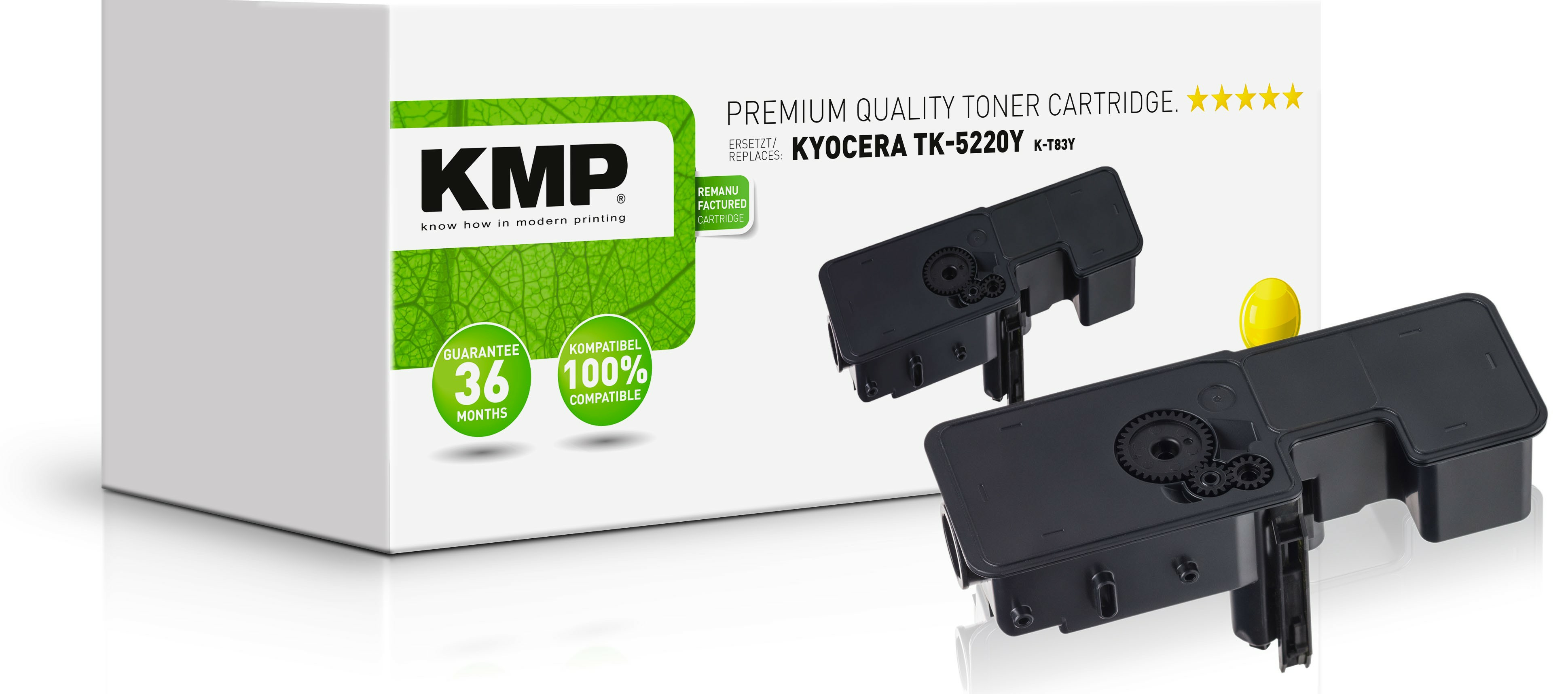 Cartucce toner KMP, con una scatola sullo sfondo.
