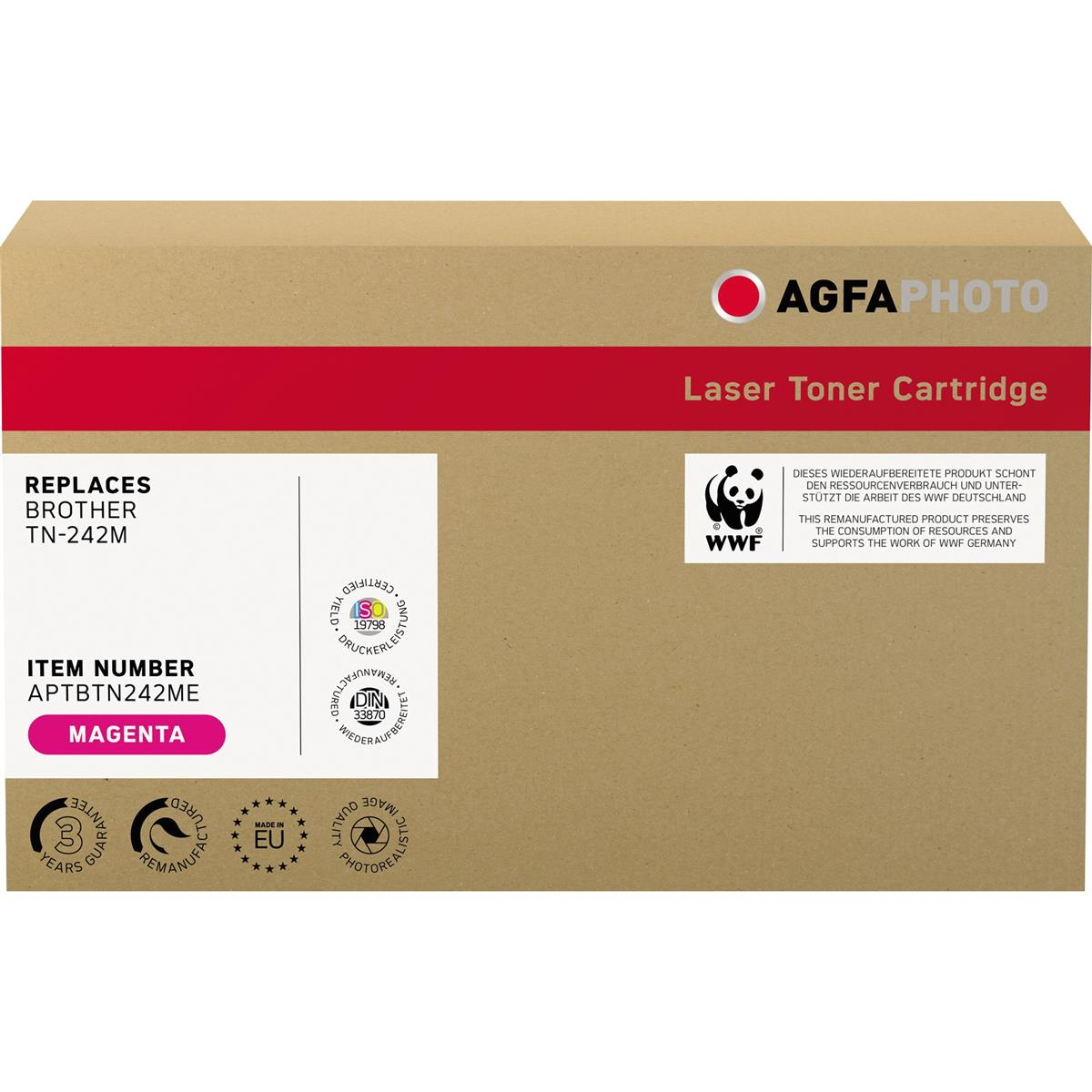 Scatola cartuccia toner laser AGFA PHOTO, bianca con logo e testo rosso, e una cartuccia toner rosa.